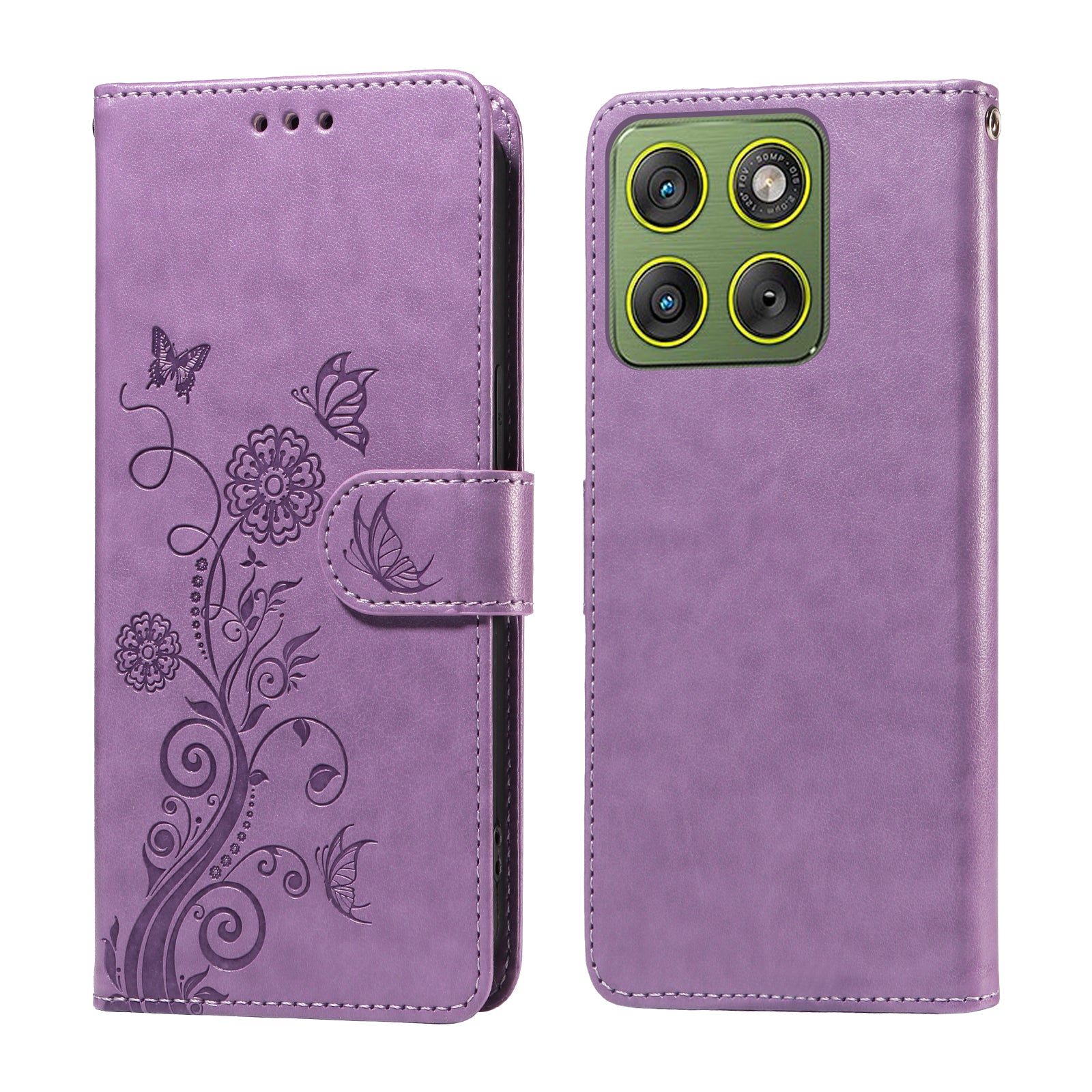 For Motorola Edge 70 5G Leather Case Butterfly Floral Imprint Wallet Stand Cover - Purple
