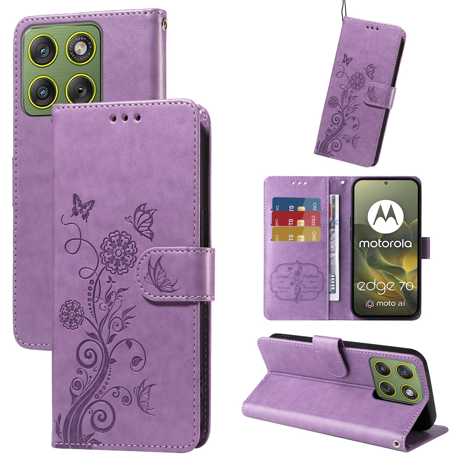 For Motorola Edge 70 5G Leather Case Butterfly Floral Imprint Wallet Stand Cover - Purple