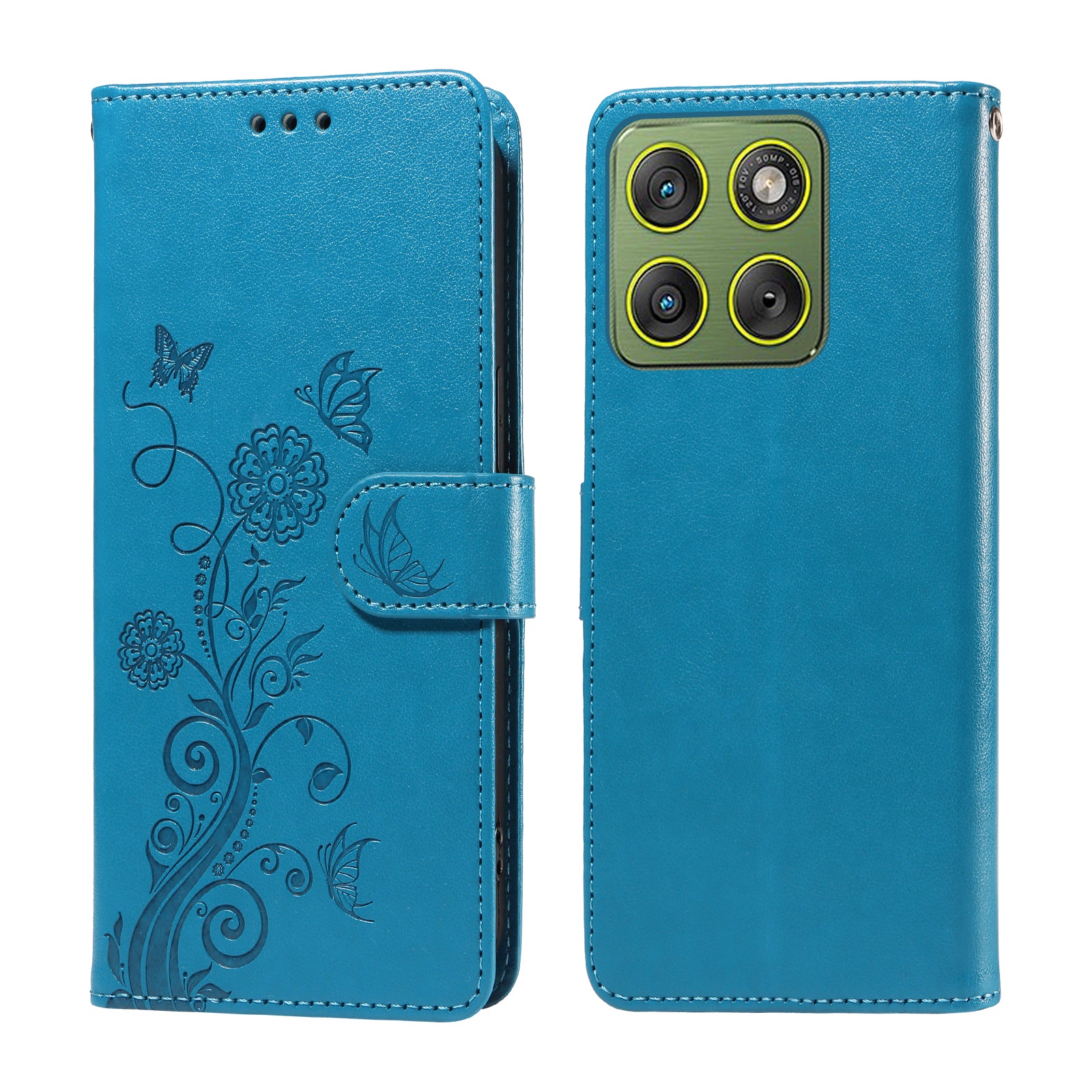 For Motorola Edge 70 5G Leather Case Butterfly Floral Imprint Wallet Stand Cover - Blue