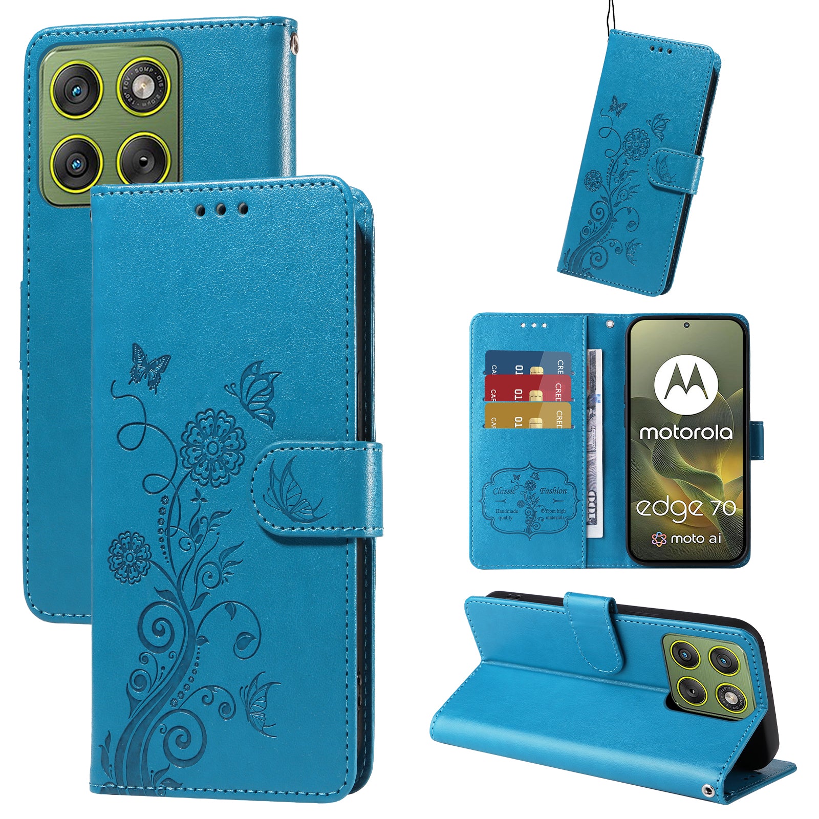 For Motorola Edge 70 5G Leather Case Butterfly Floral Imprint Wallet Stand Cover - Blue