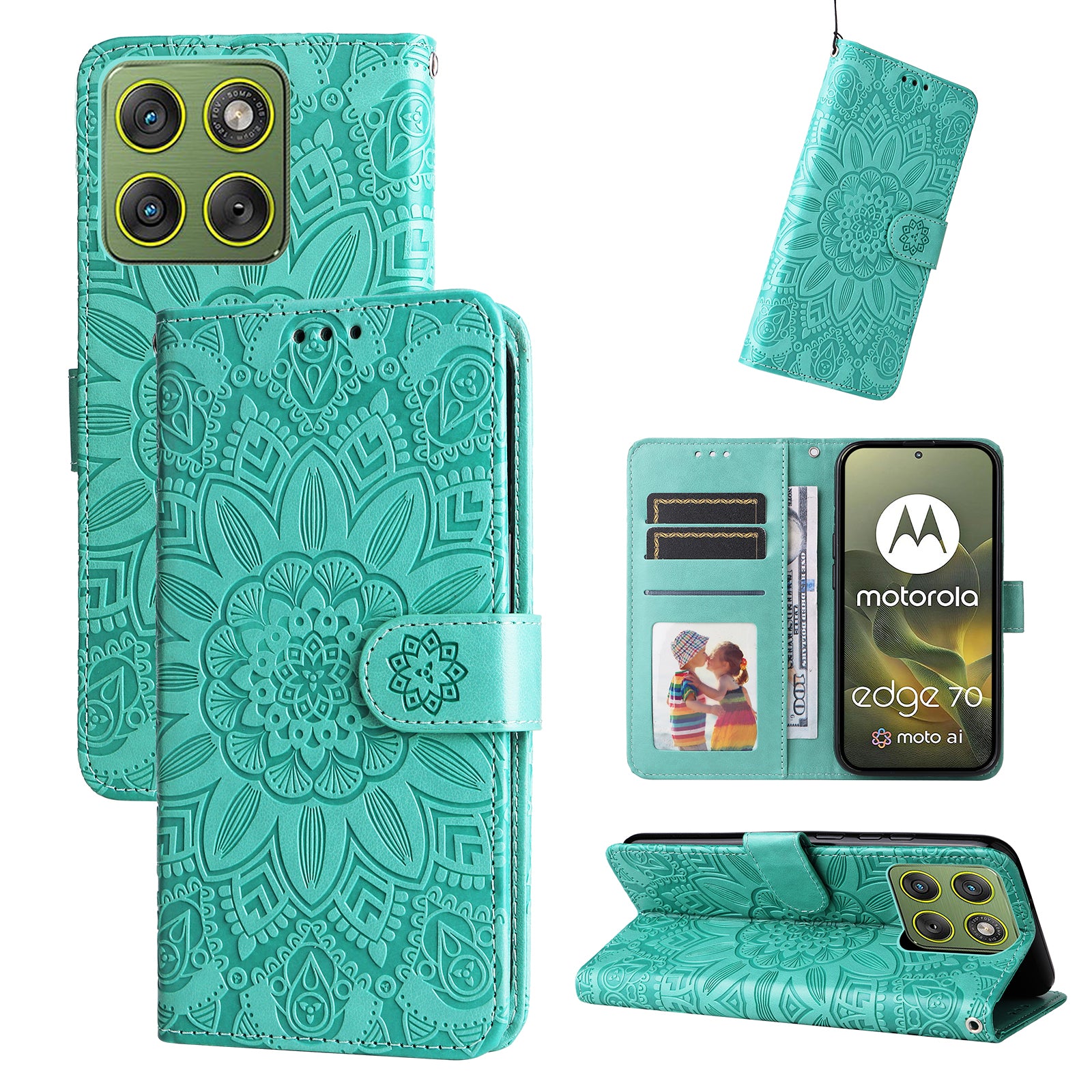 For Motorola Edge 70 5G Case Sunflower Imprint Leather Wallet Phone Cover - Green