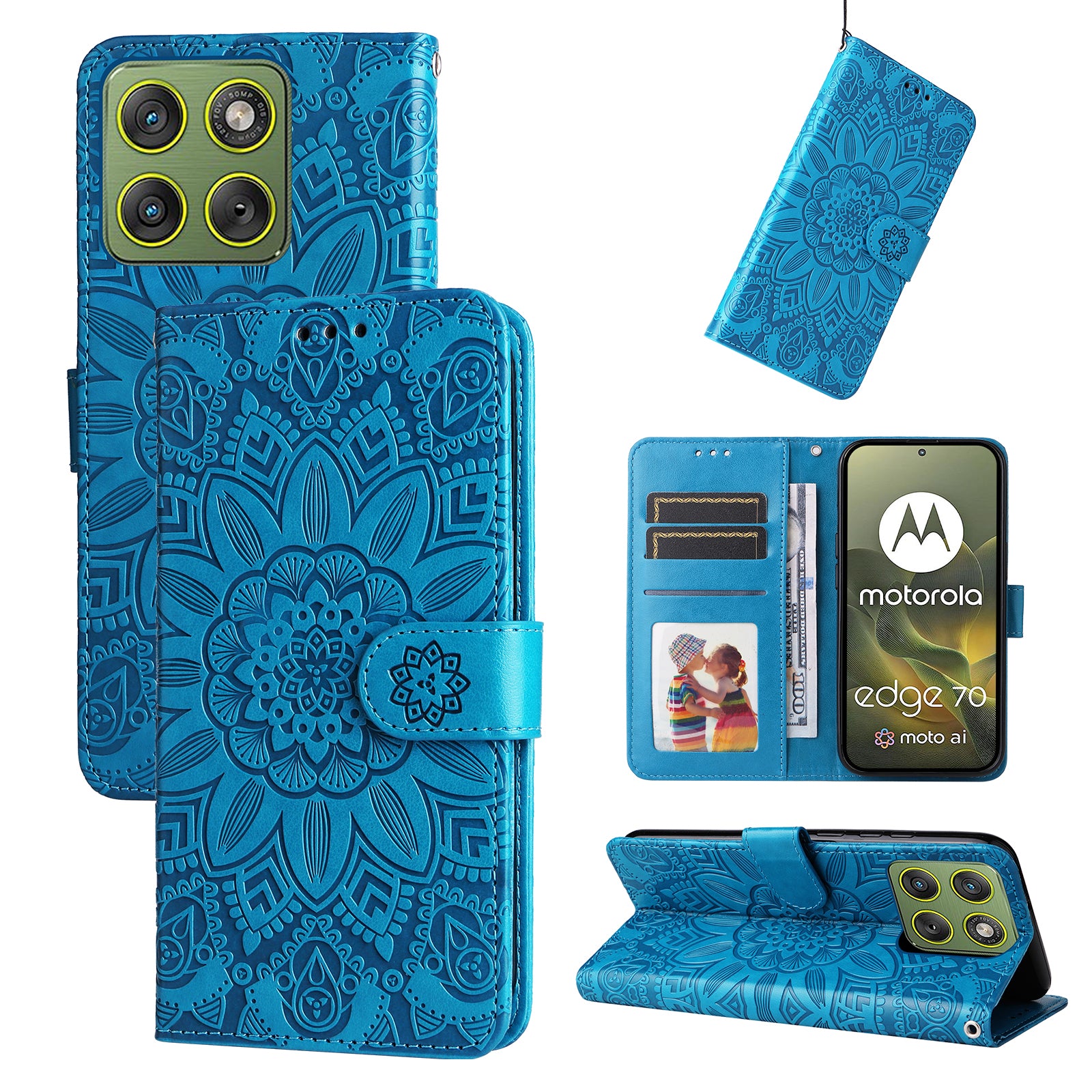 For Motorola Edge 70 5G Case Sunflower Imprint Leather Wallet Phone Cover - Blue