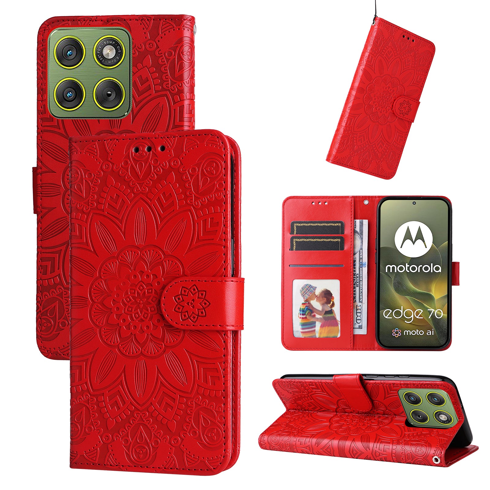 For Motorola Edge 70 5G Case Sunflower Imprint Leather Wallet Phone Cover - Red