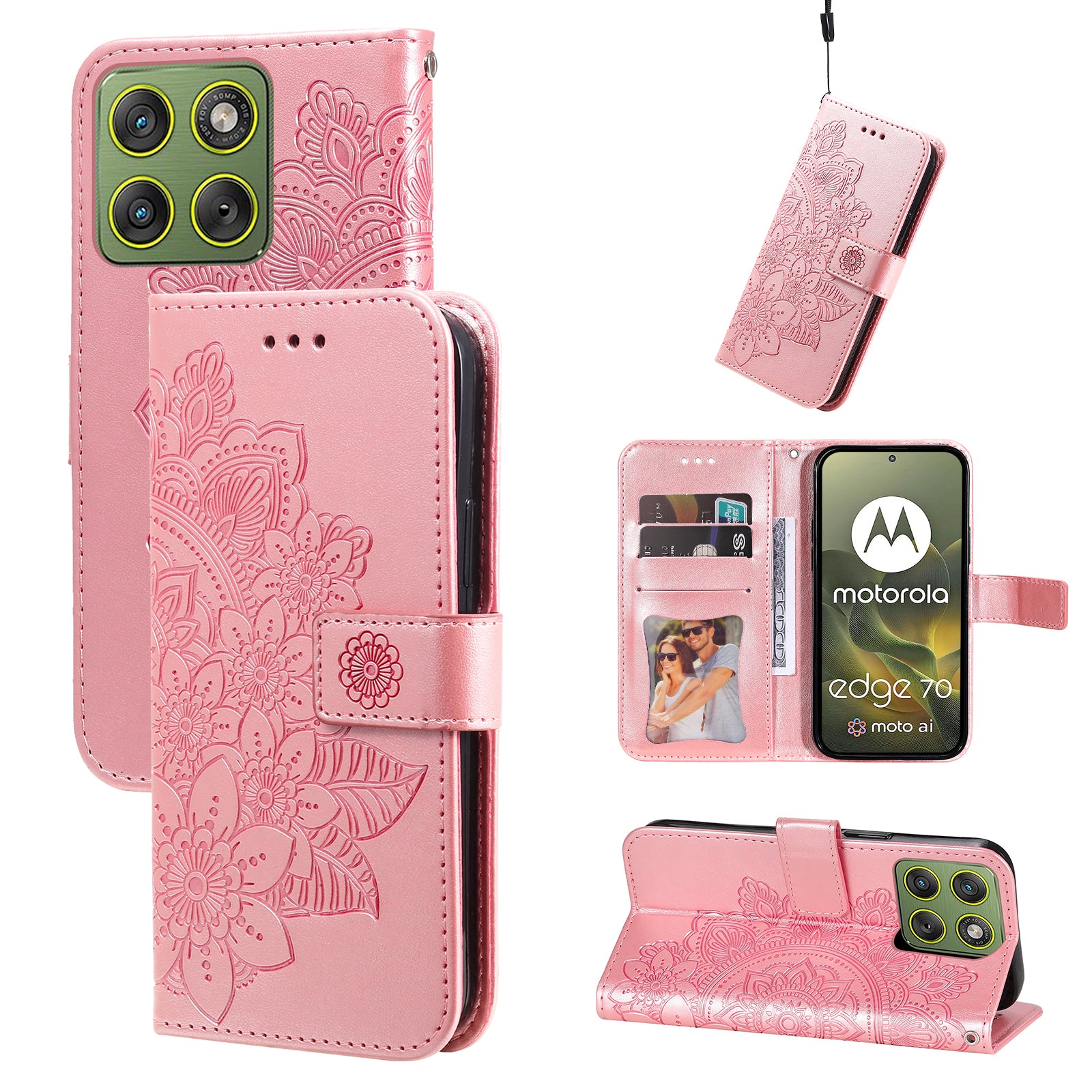 For Motorola Edge 70 5G Case Floral Pattern PU Leather Wallet Stand Phone Cover - Pink