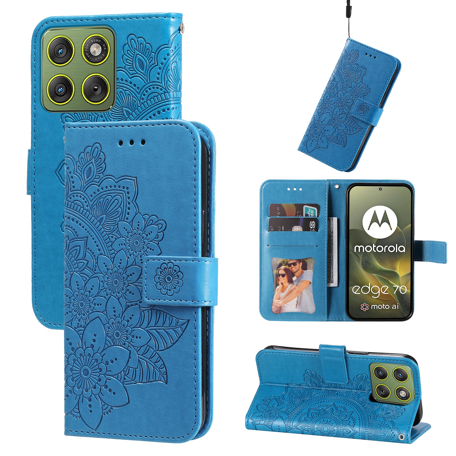 For Motorola Edge 70 5G Case Floral Pattern PU Leather Wallet Stand Phone Cover - Blue