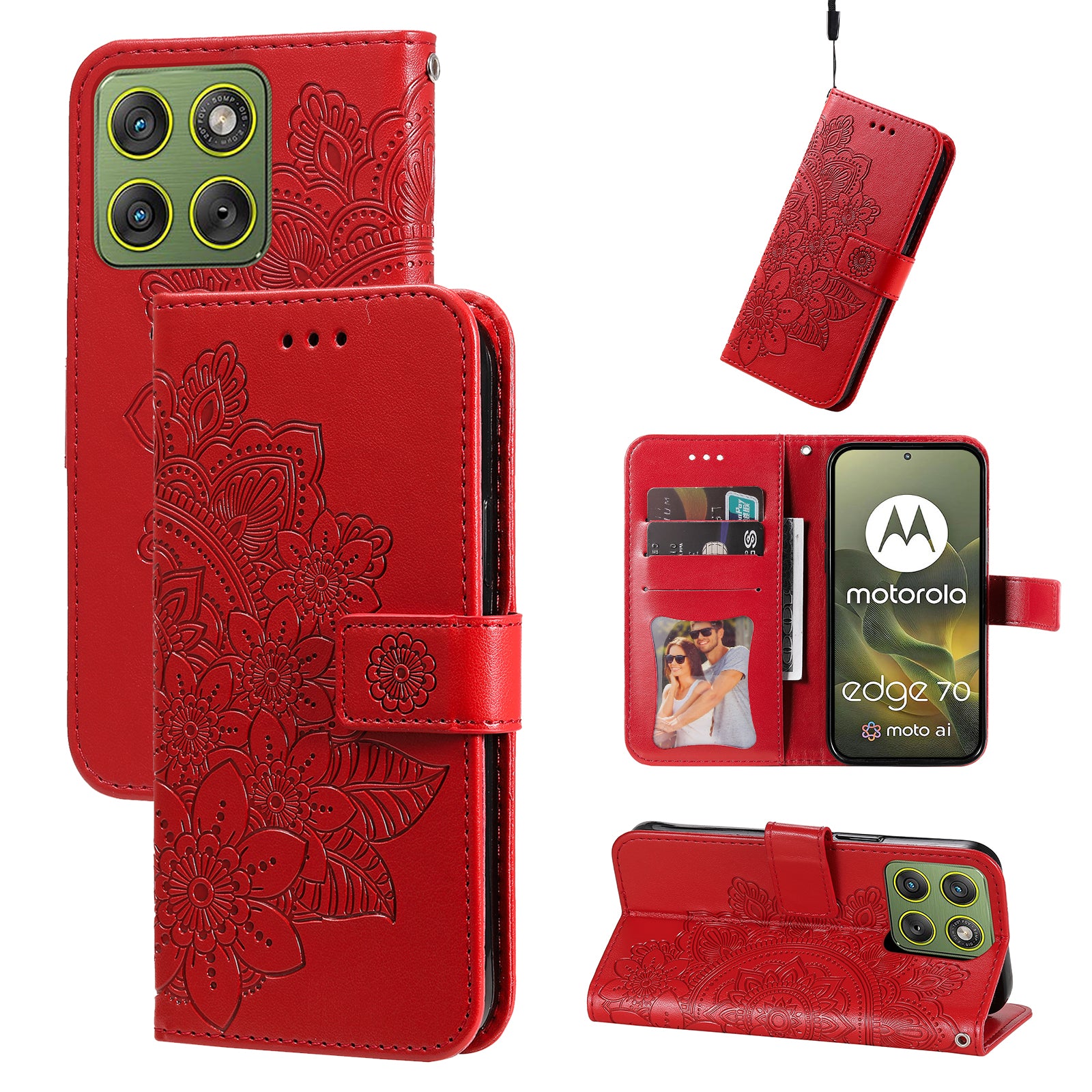 For Motorola Edge 70 5G Case Floral Pattern PU Leather Wallet Stand Phone Cover - Red