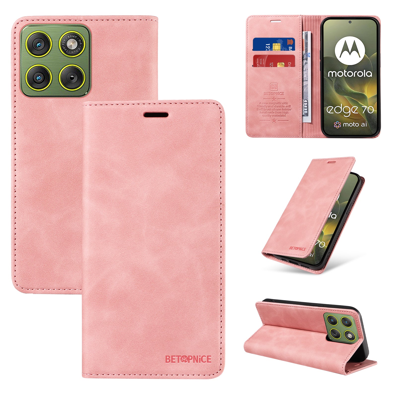 For Motorola Edge 70 5G Case BETOPNICE Magnetic Closure RFID Blocking Wallet Stand Leather Phone Cover - Pink