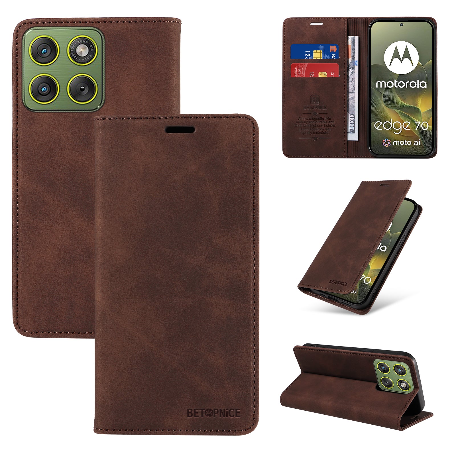 For Motorola Edge 70 5G Case BETOPNICE Magnetic Closure RFID Blocking Wallet Stand Leather Phone Cover - Brown