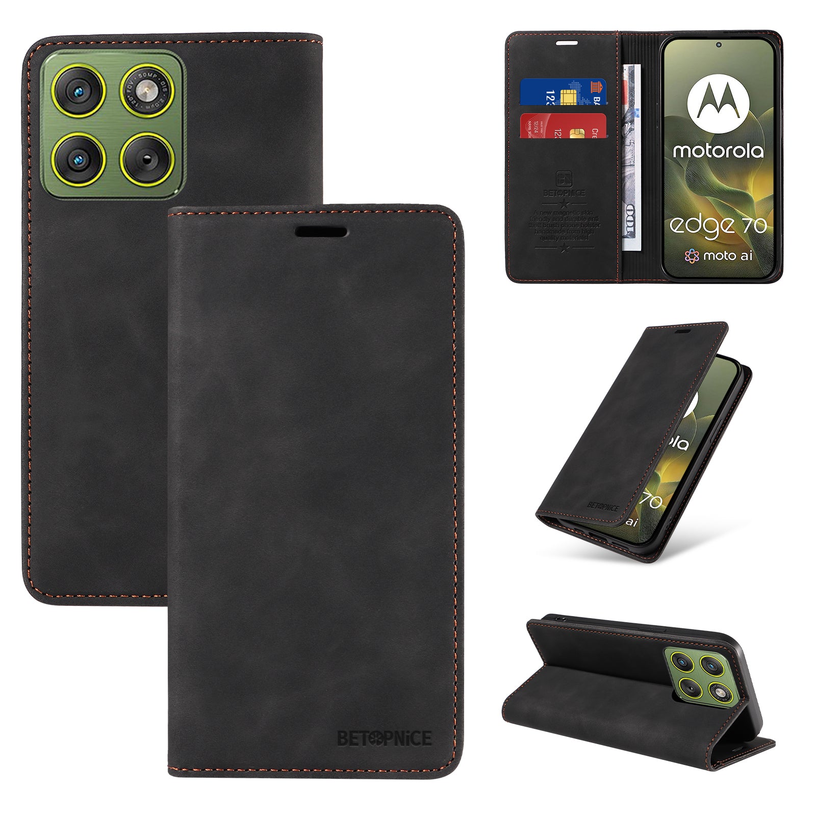 For Motorola Edge 70 5G Case BETOPNICE Magnetic Closure RFID Blocking Wallet Stand Leather Phone Cover - Black