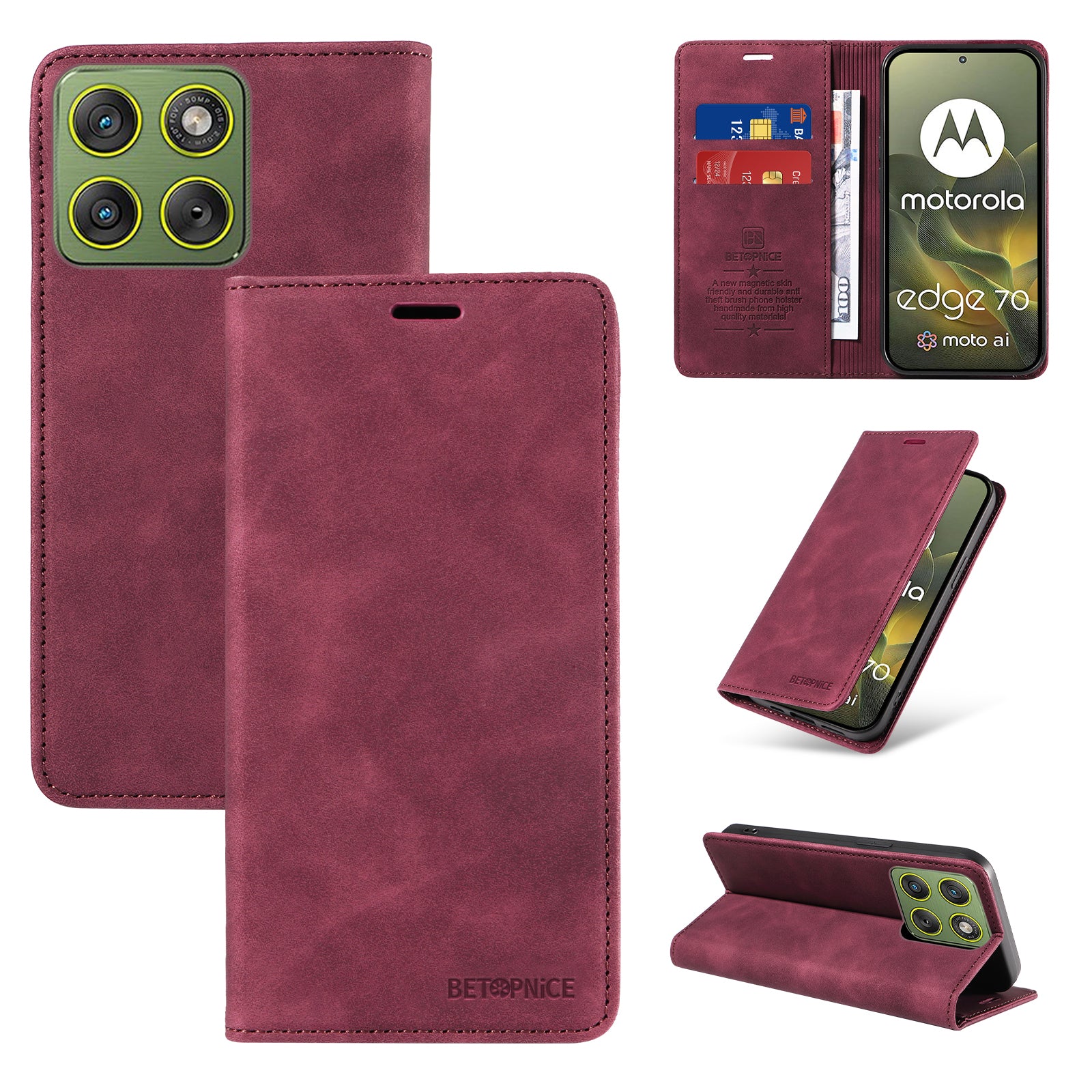For Motorola Edge 70 5G Case BETOPNICE Magnetic Closure RFID Blocking Wallet Stand Leather Phone Cover - Red