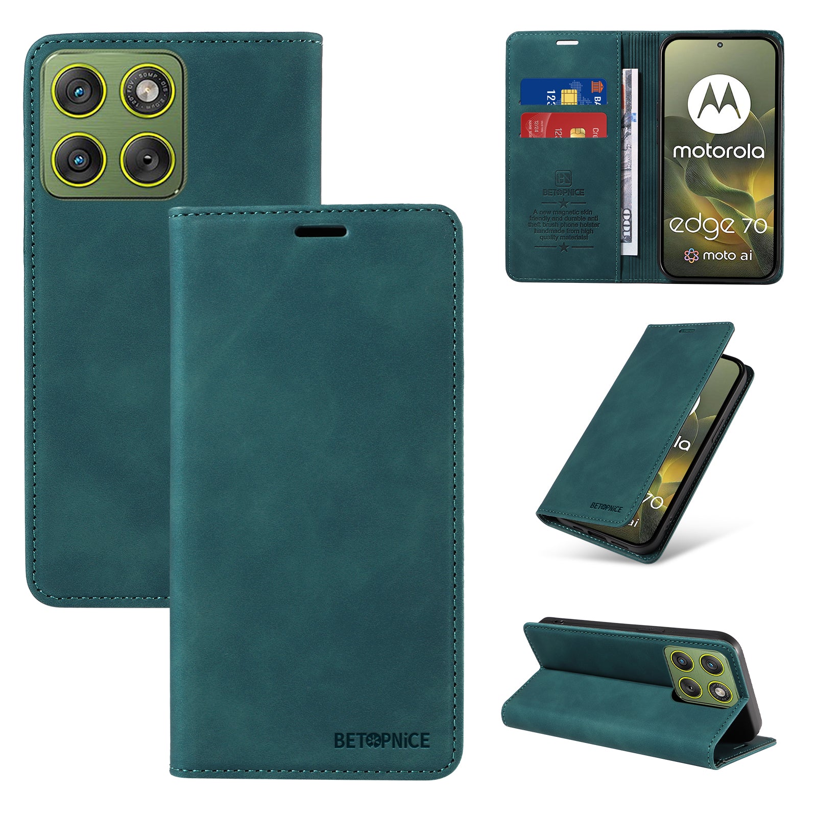 For Motorola Edge 70 5G Case BETOPNICE Magnetic Closure RFID Blocking Wallet Stand Leather Phone Cover - Green