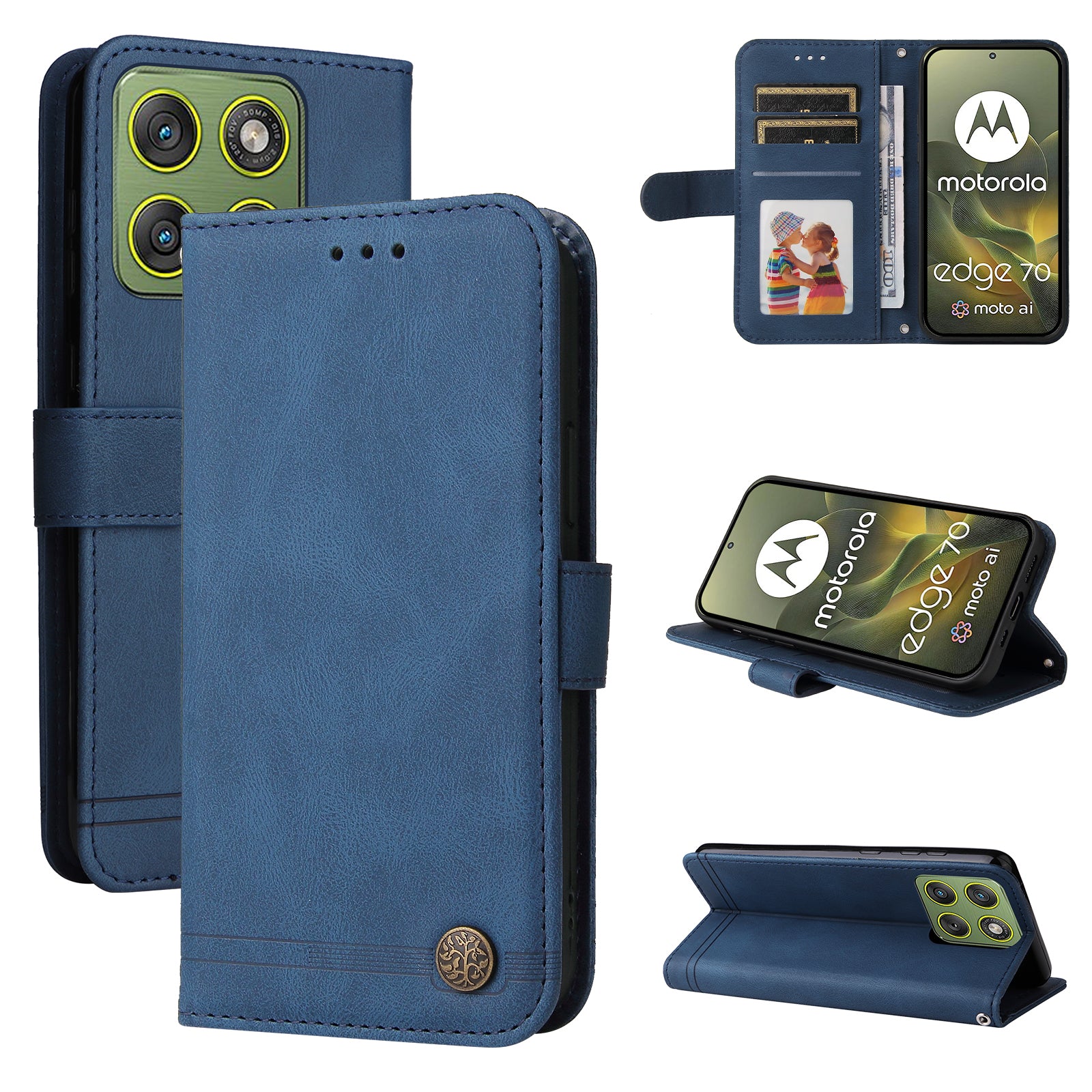 For Motorola Edge 70 5G Leather Wallet Cases Skin Touch Phone Cover Stand with Strap - Blue