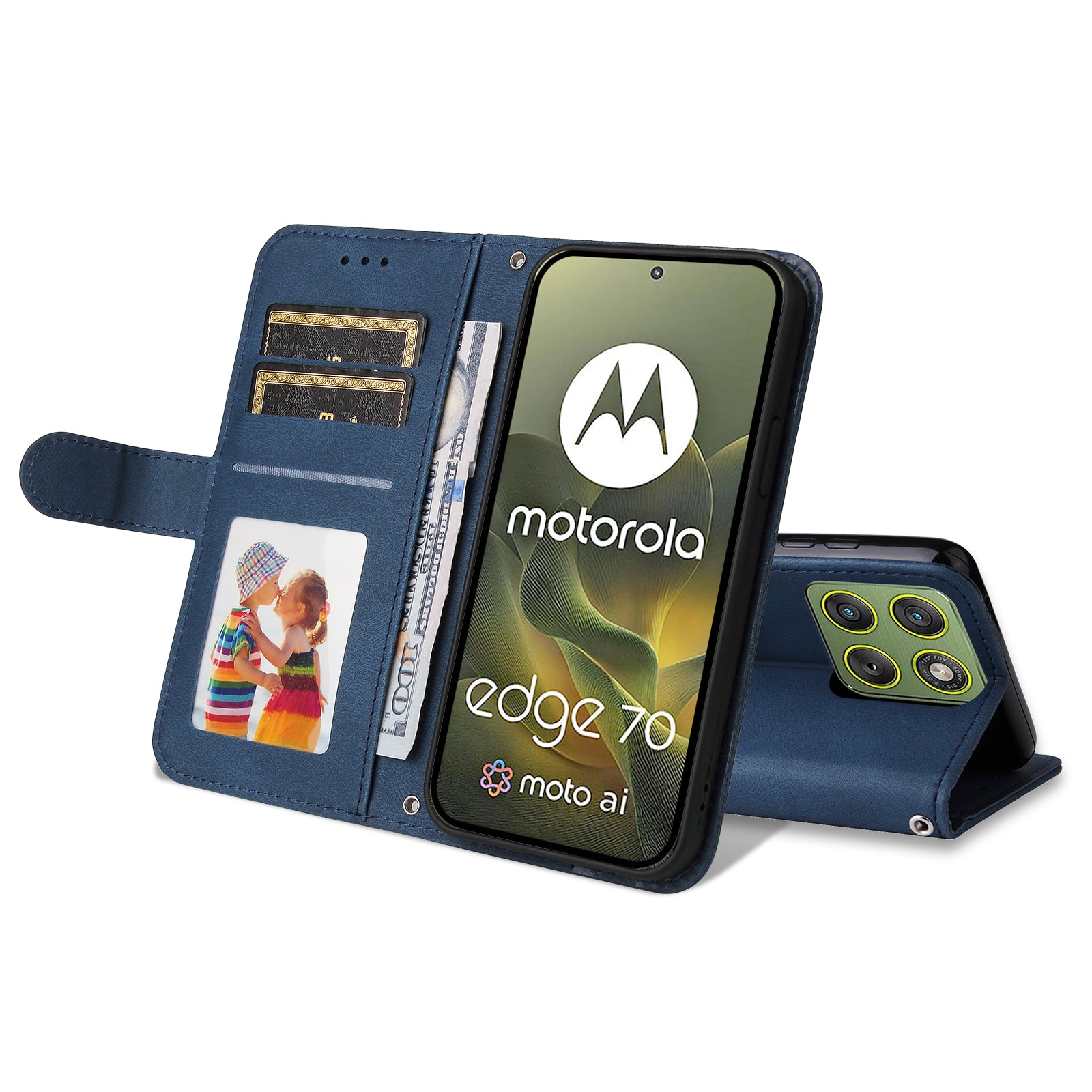 For Motorola Edge 70 5G Leather Wallet Cases Skin Touch Phone Cover Stand with Strap - Blue