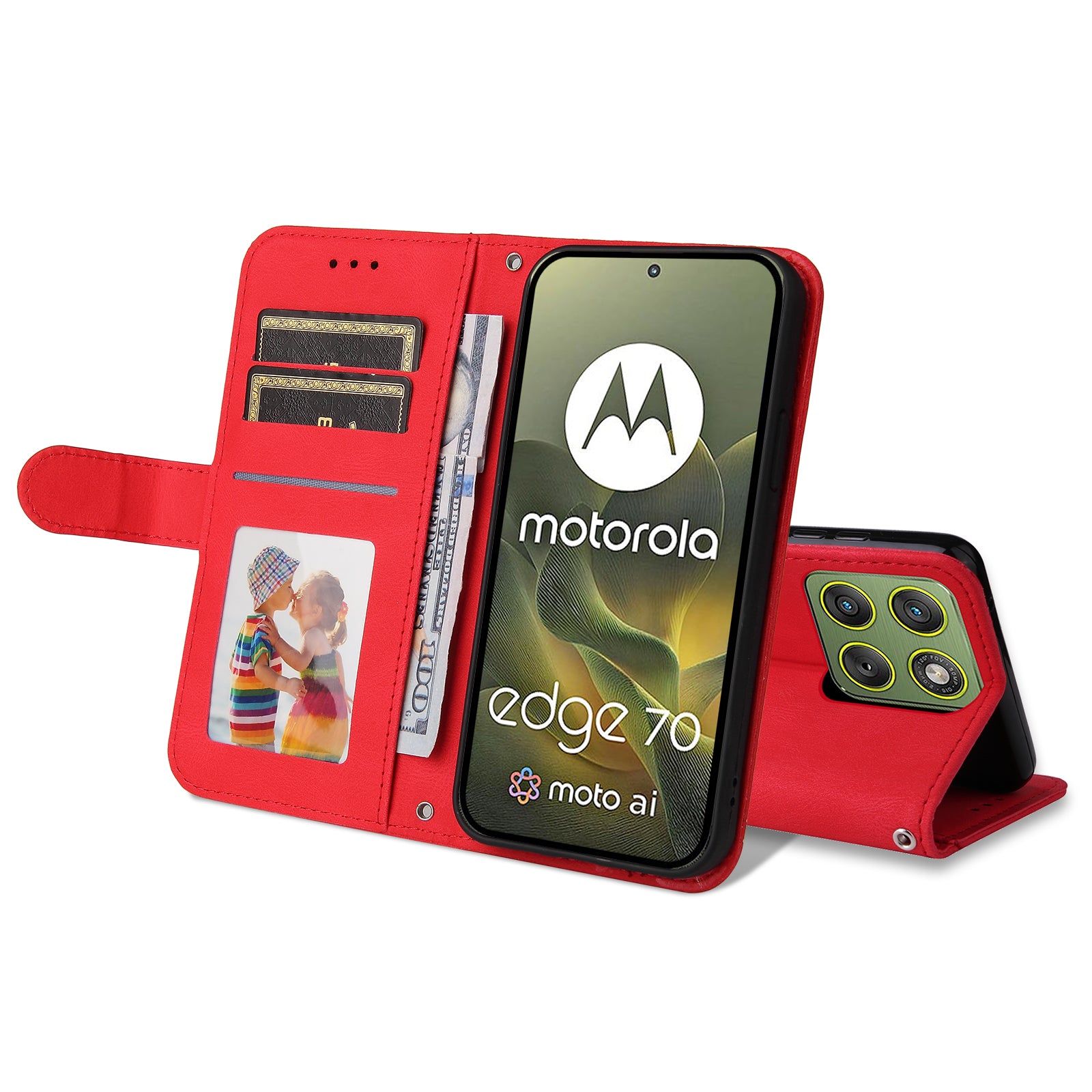 For Motorola Edge 70 5G Leather Wallet Cases Skin Touch Phone Cover Stand with Strap - Red