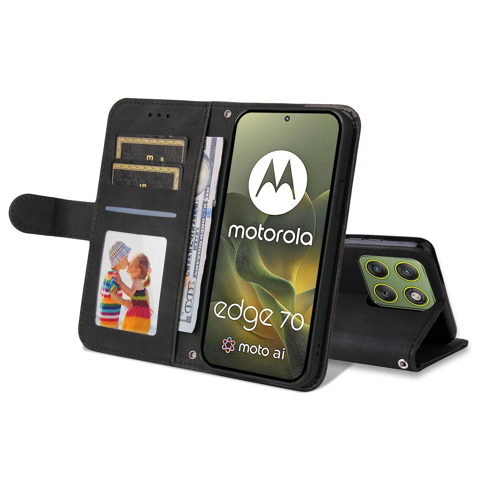 For Motorola Edge 70 5G Leather Wallet Cases Skin Touch Phone Cover Stand with Strap - Black