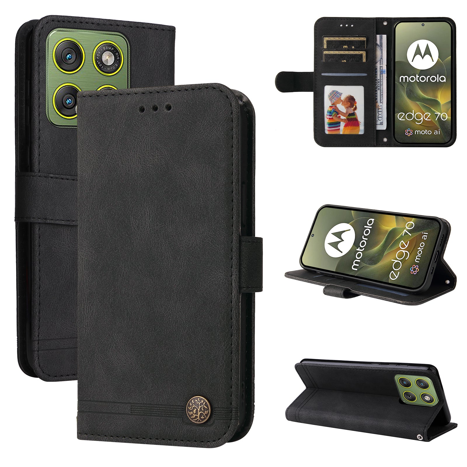 For Motorola Edge 70 5G Leather Wallet Cases Skin Touch Phone Cover Stand with Strap - Black