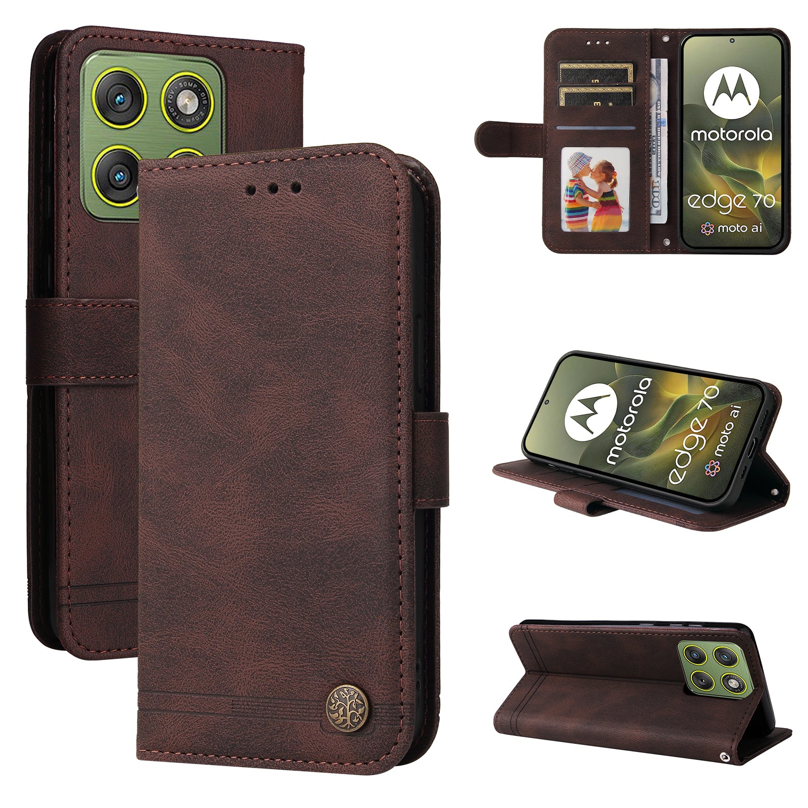 For Motorola Edge 70 5G Leather Wallet Cases Skin Touch Phone Cover Stand with Strap - Brown
