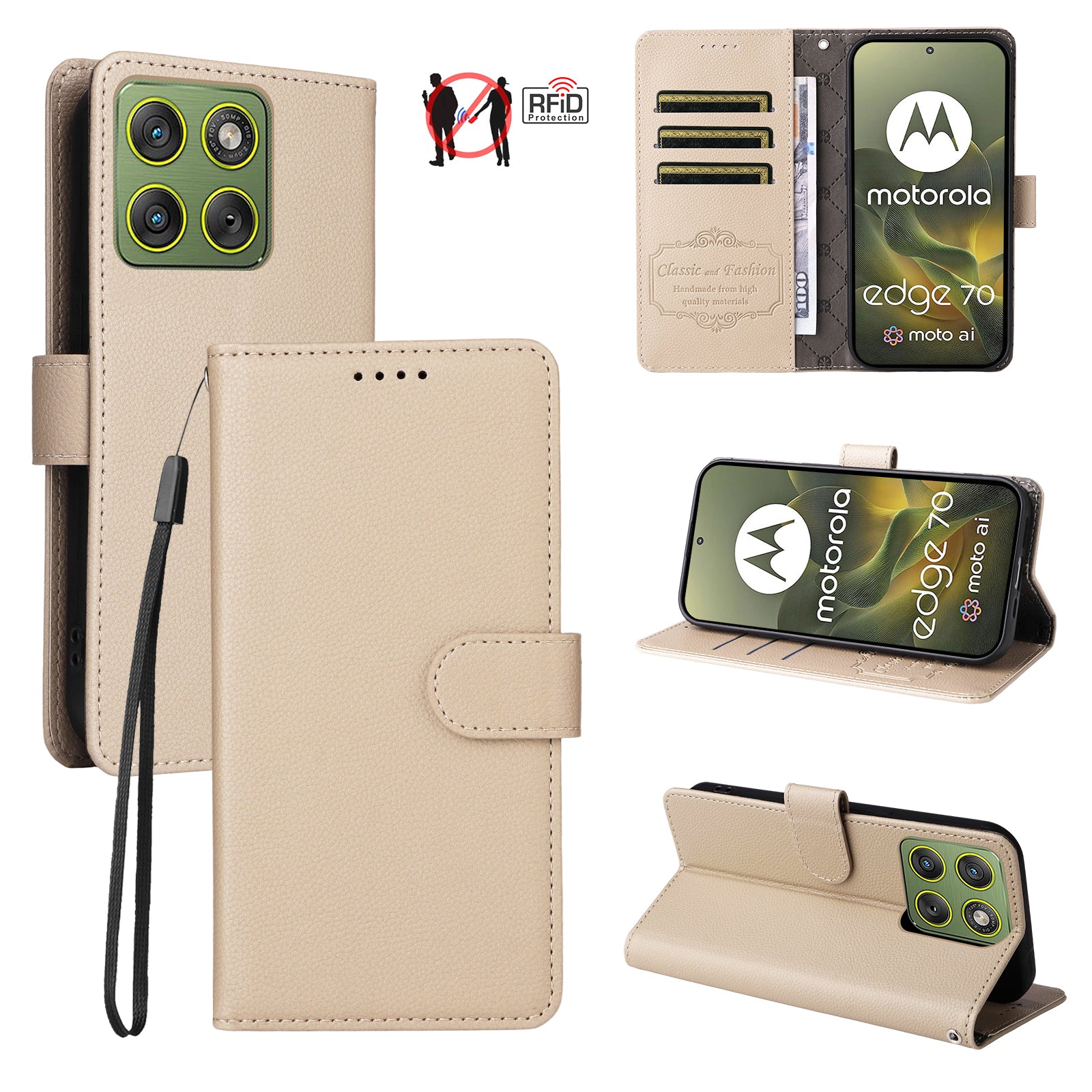 For Motorola Edge 70 5G Case RFID Blocking 3 Card Slots PU Leather Phone Cover with Wrist Strap - Creamy White