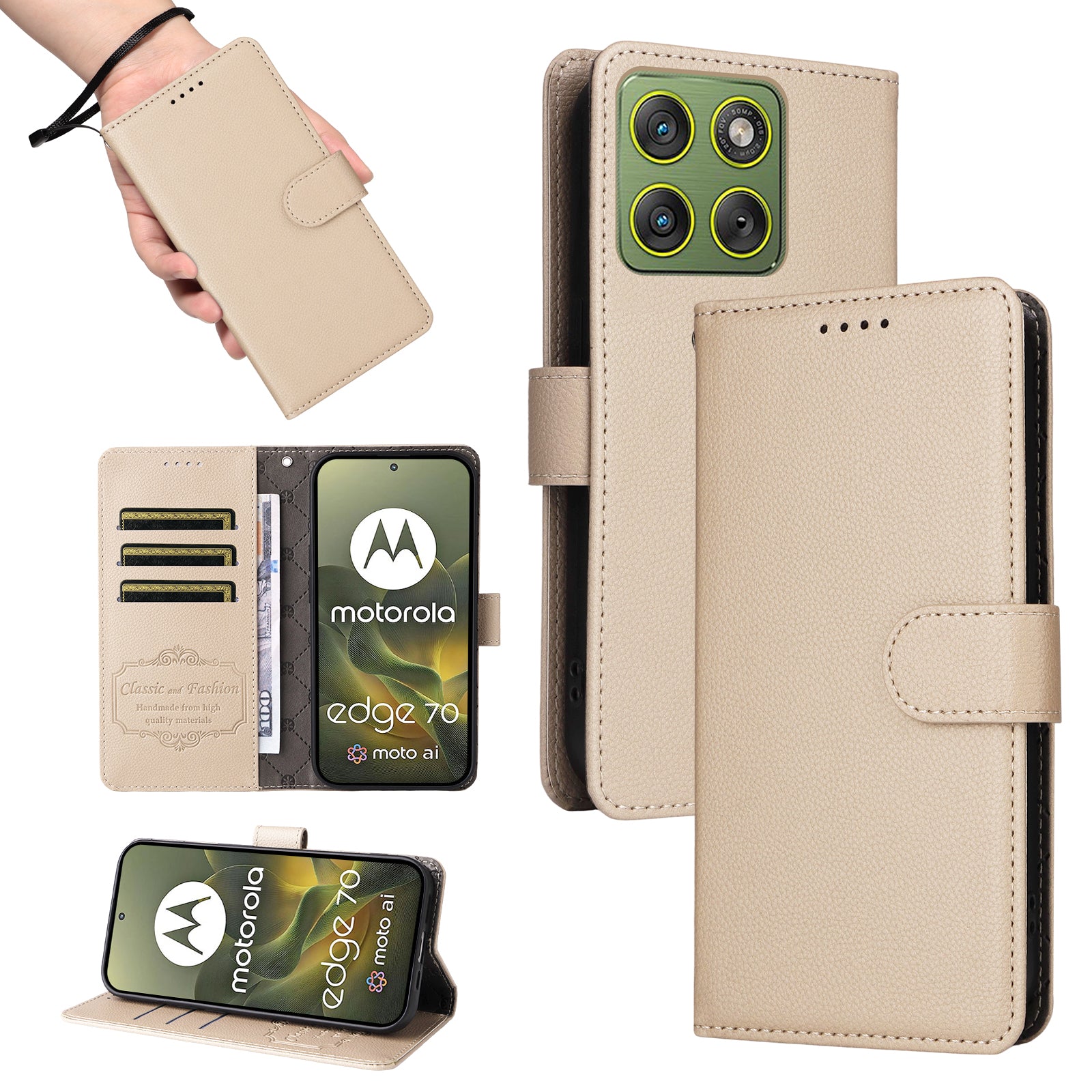 For Motorola Edge 70 5G Case RFID Blocking 3 Card Slots PU Leather Phone Cover with Wrist Strap - Creamy White