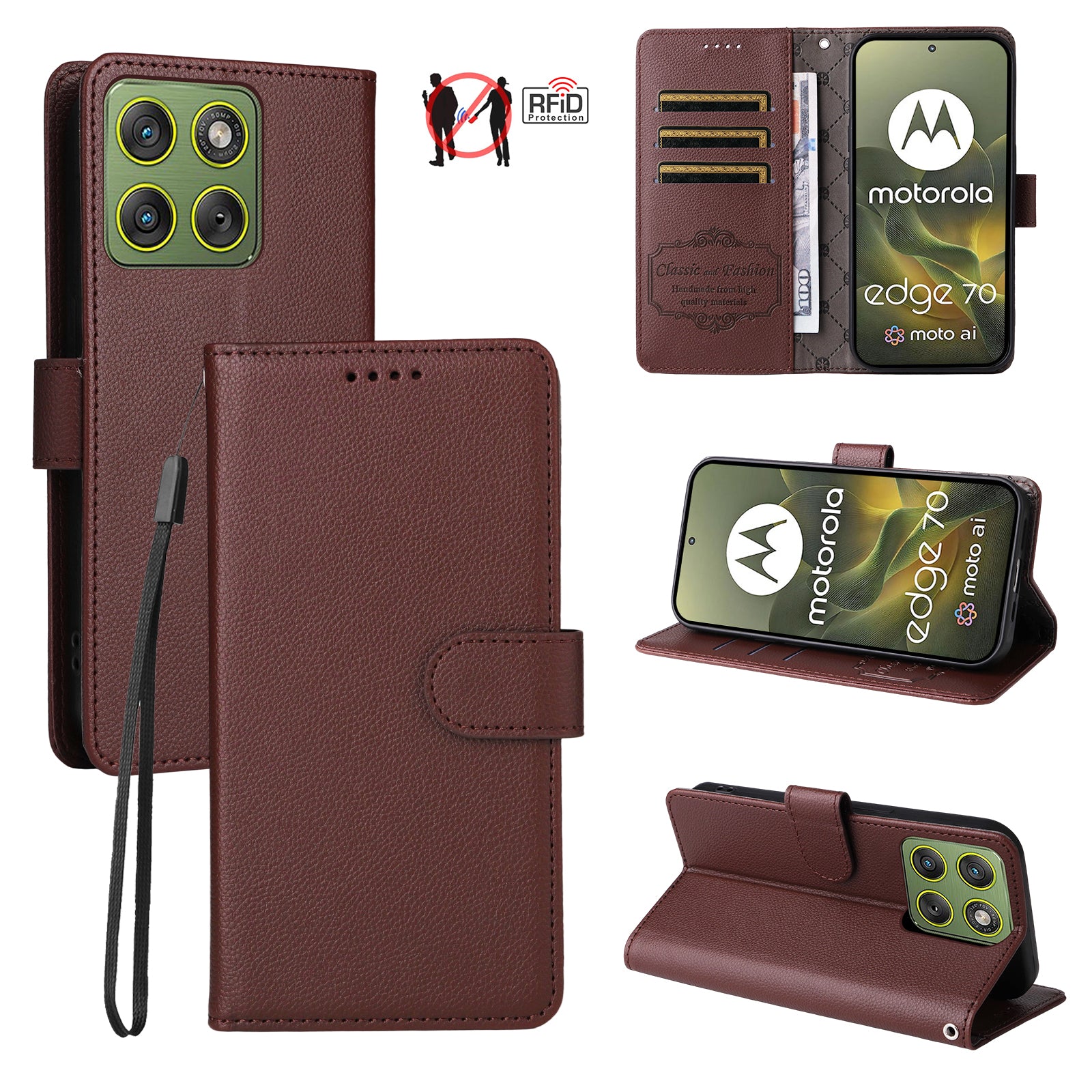 For Motorola Edge 70 5G Case RFID Blocking 3 Card Slots PU Leather Phone Cover with Wrist Strap - Brown
