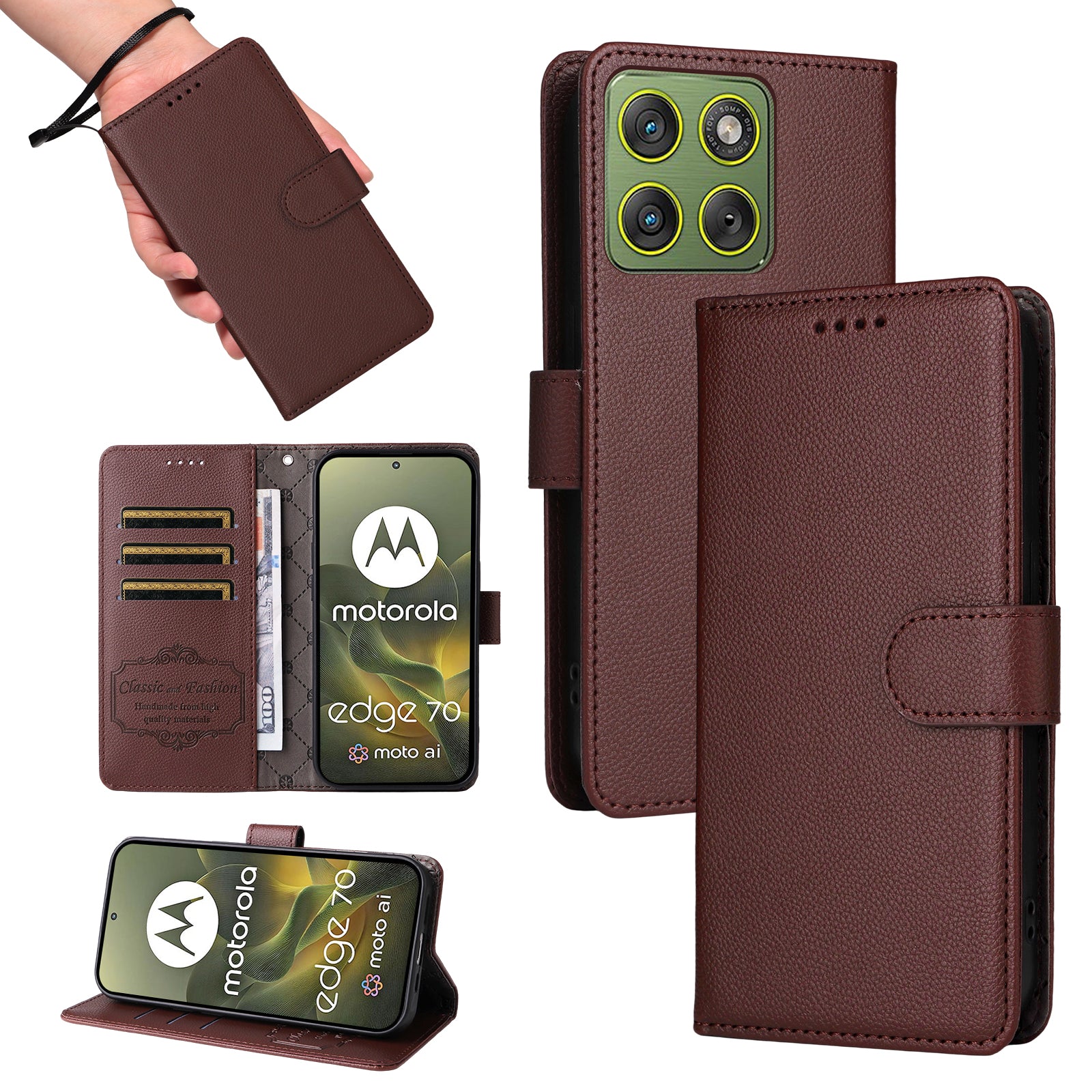For Motorola Edge 70 5G Case RFID Blocking 3 Card Slots PU Leather Phone Cover with Wrist Strap - Brown