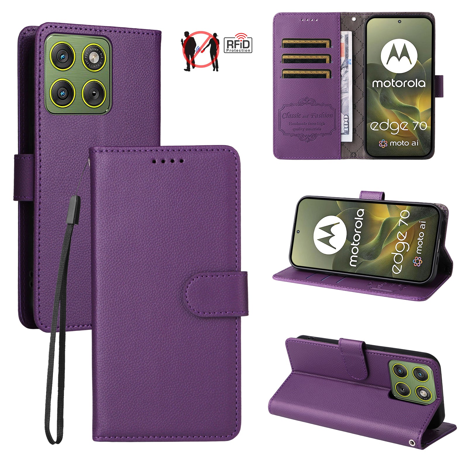 For Motorola Edge 70 5G Case RFID Blocking 3 Card Slots PU Leather Phone Cover with Wrist Strap - Purple
