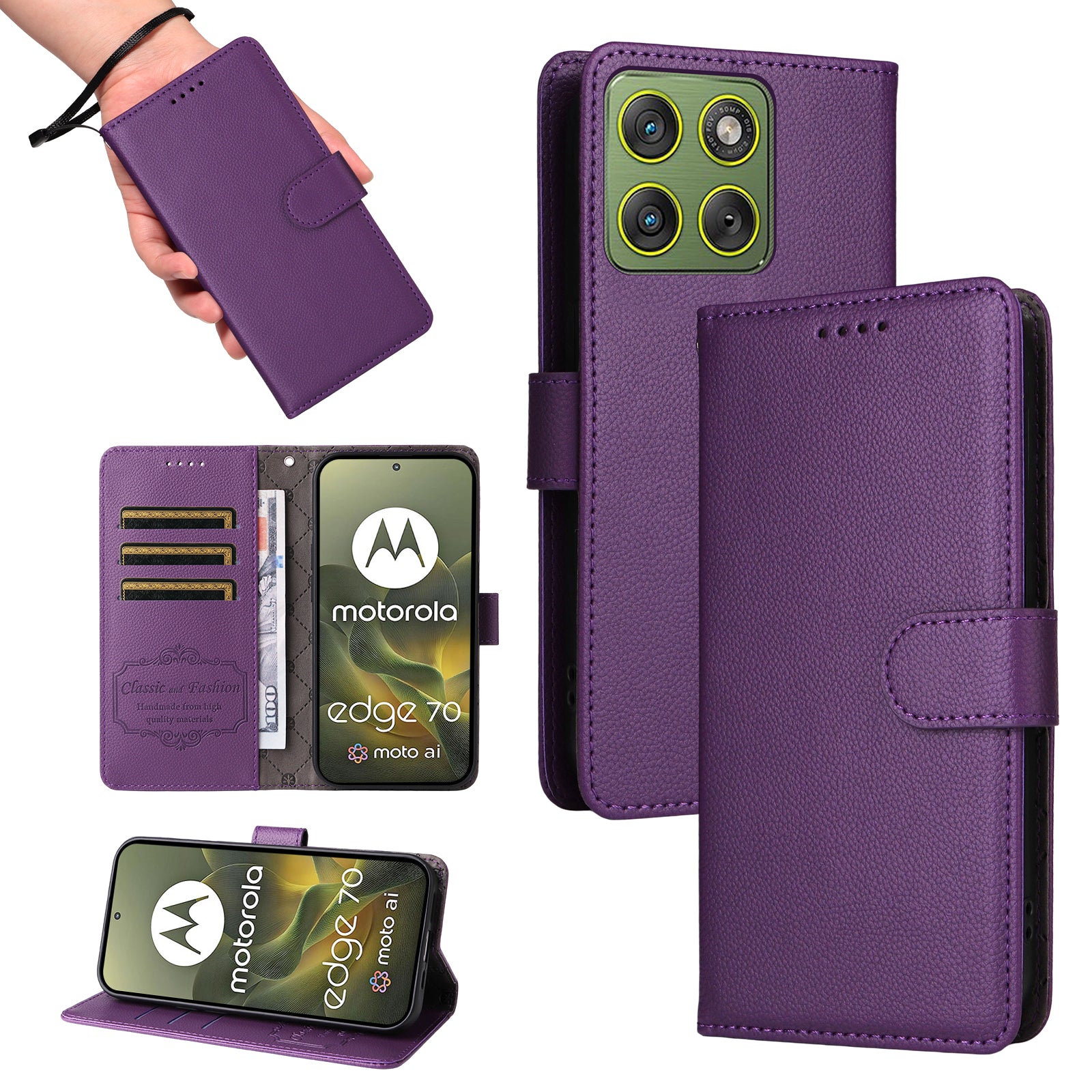 For Motorola Edge 70 5G Case RFID Blocking 3 Card Slots PU Leather Phone Cover with Wrist Strap - Purple