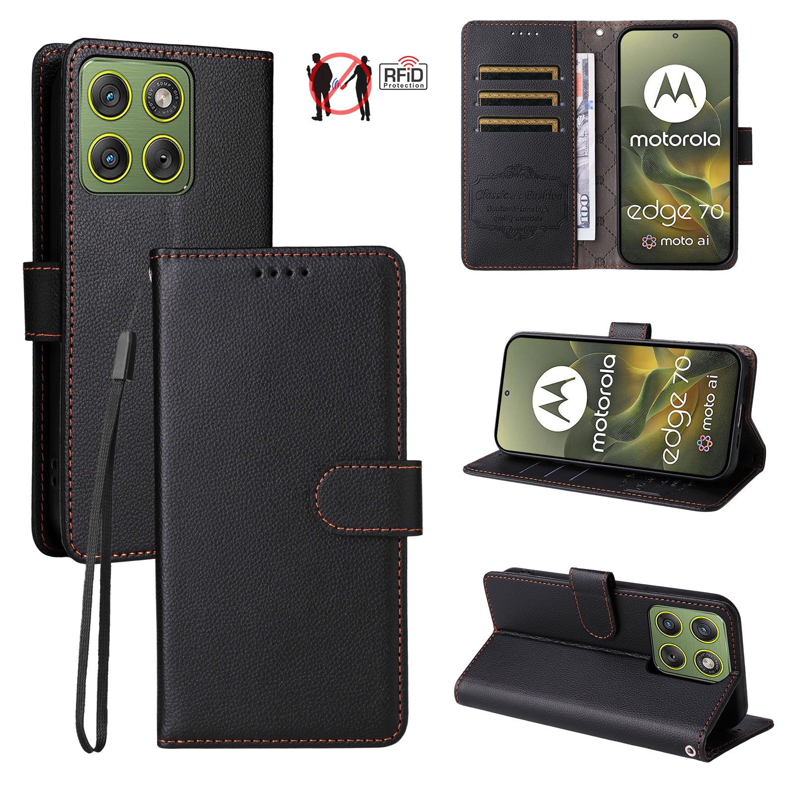 For Motorola Edge 70 5G Case RFID Blocking 3 Card Slots PU Leather Phone Cover with Wrist Strap - Black