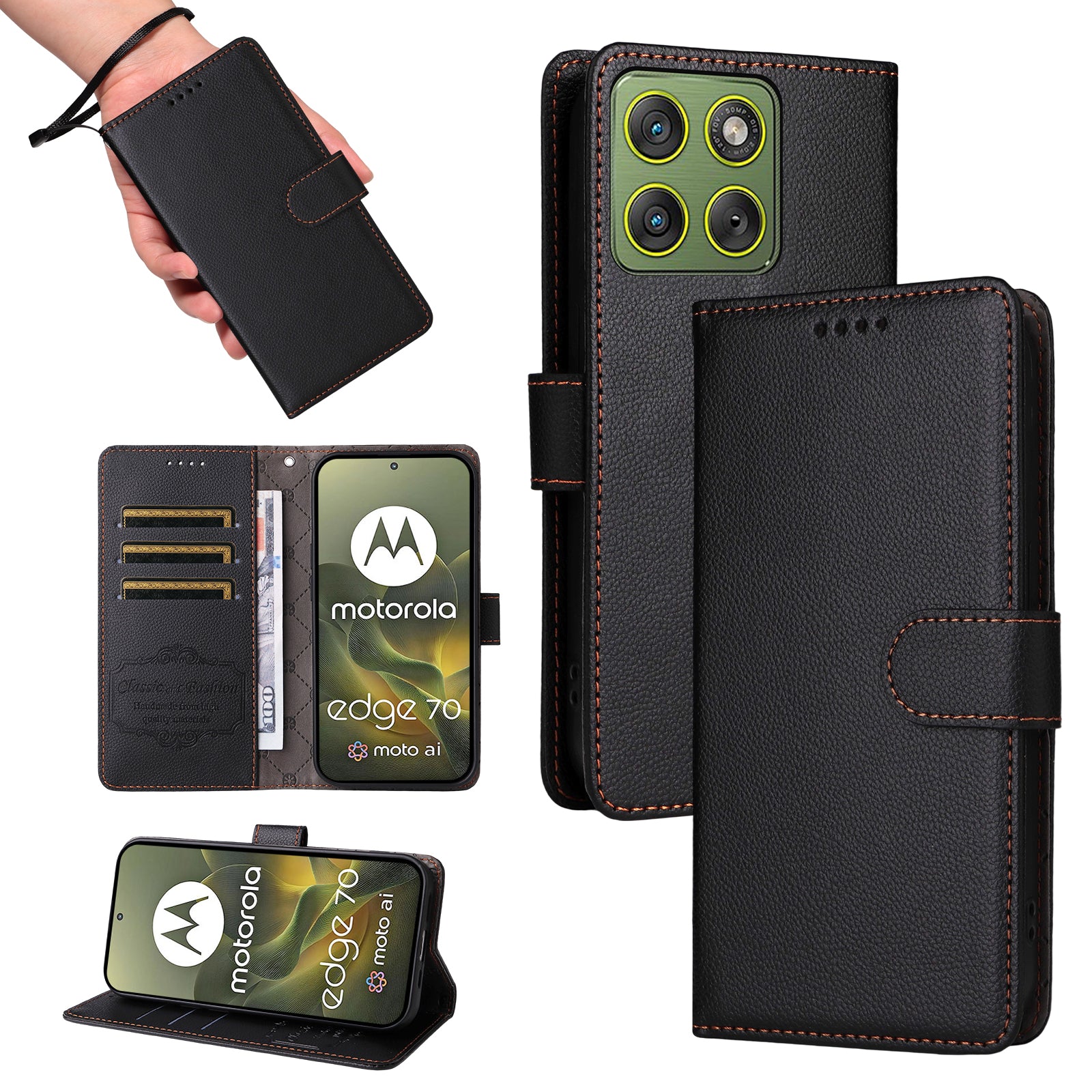 For Motorola Edge 70 5G Case RFID Blocking 3 Card Slots PU Leather Phone Cover with Wrist Strap - Black