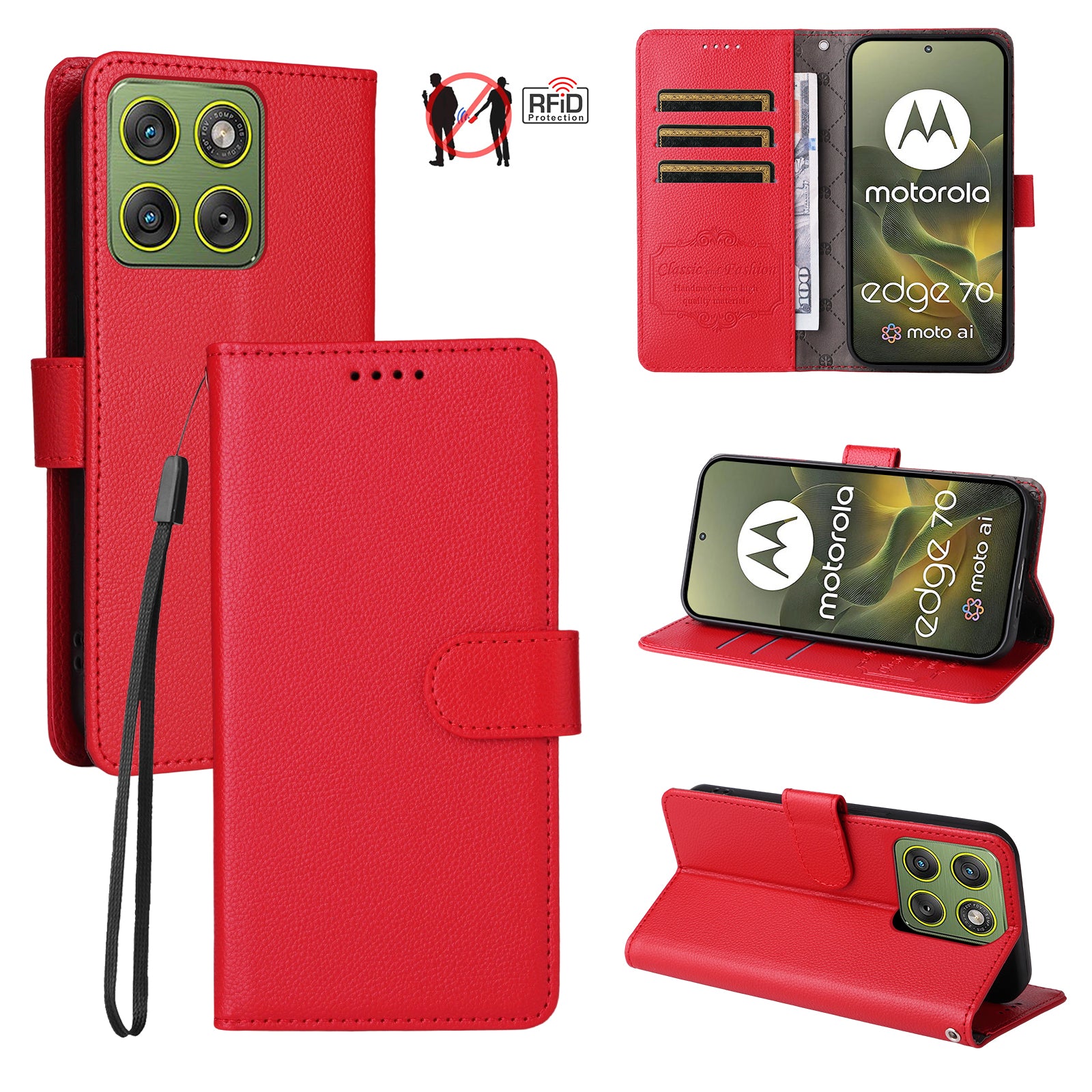 For Motorola Edge 70 5G Case RFID Blocking 3 Card Slots PU Leather Phone Cover with Wrist Strap - Red