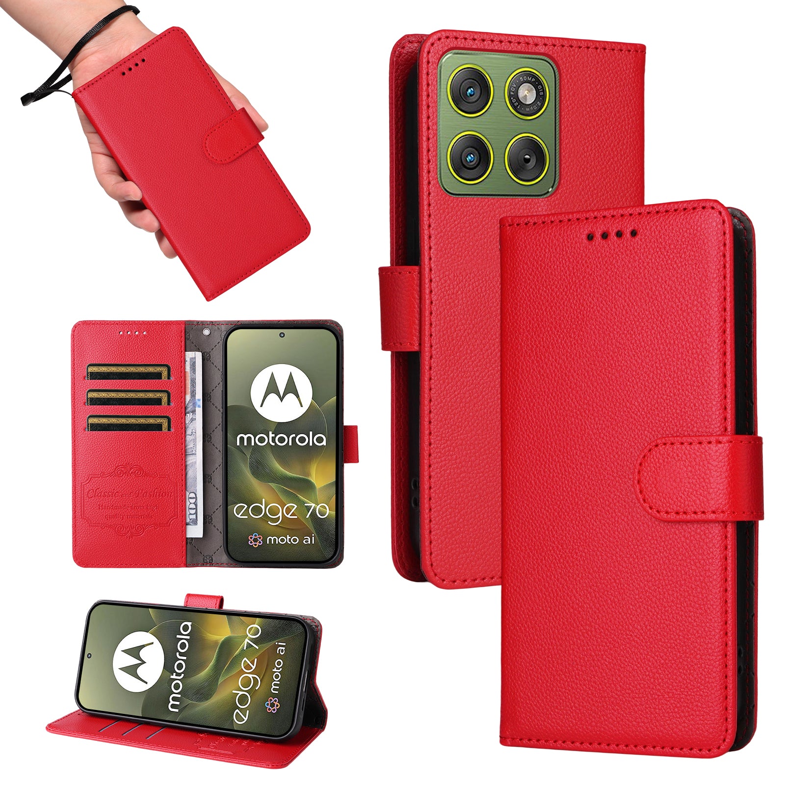 For Motorola Edge 70 5G Case RFID Blocking 3 Card Slots PU Leather Phone Cover with Wrist Strap - Red