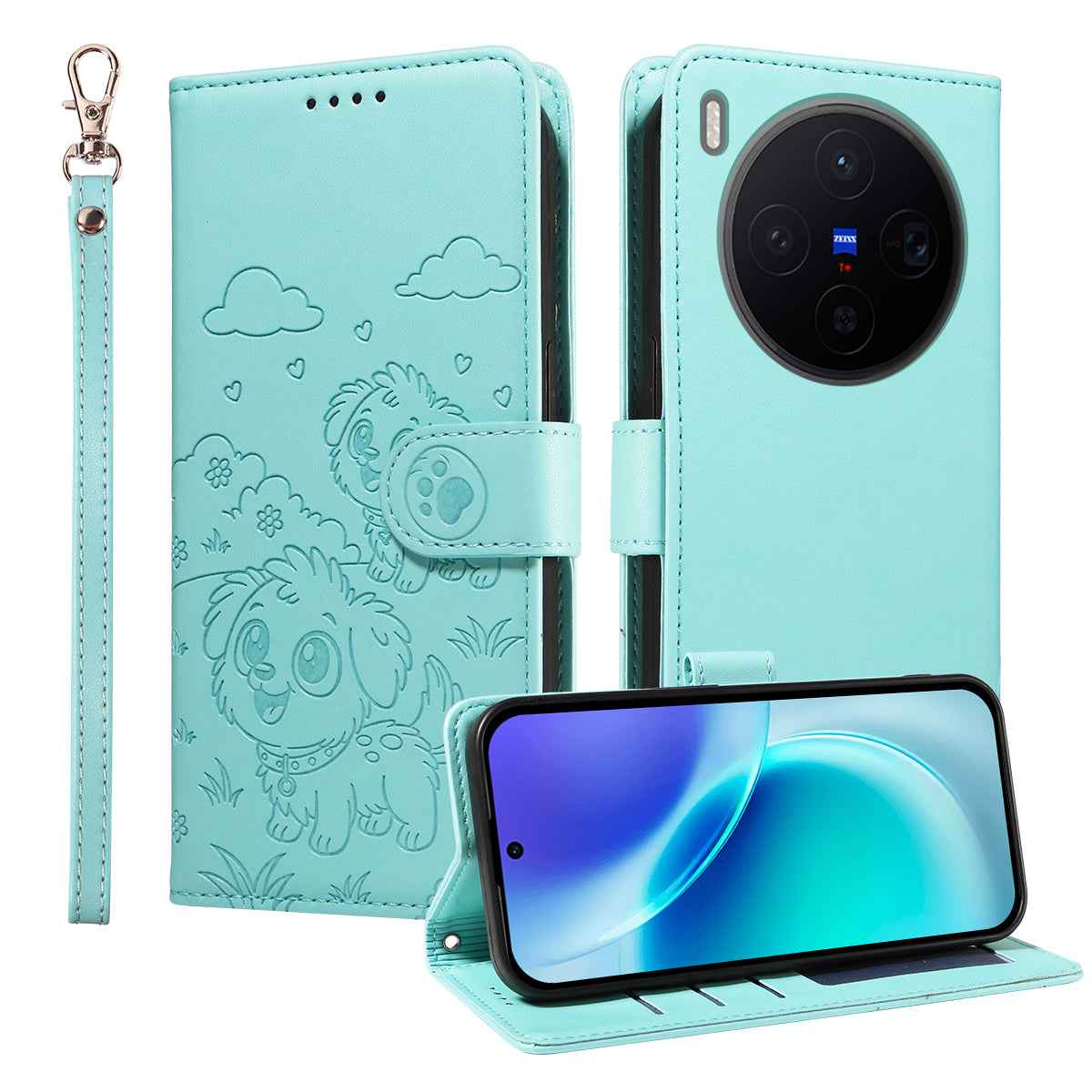 For vivo X300 5G Case RFID Blocking Imprinted Dog Pattern PU Leather Phone Cover with Wrist Strap - Green