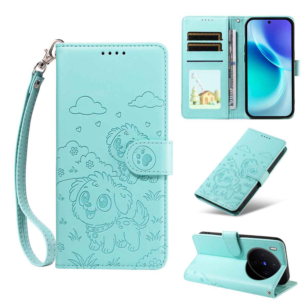 For vivo X300 5G Case RFID Blocking Imprinted Dog Pattern PU Leather Phone Cover with Wrist Strap - Green