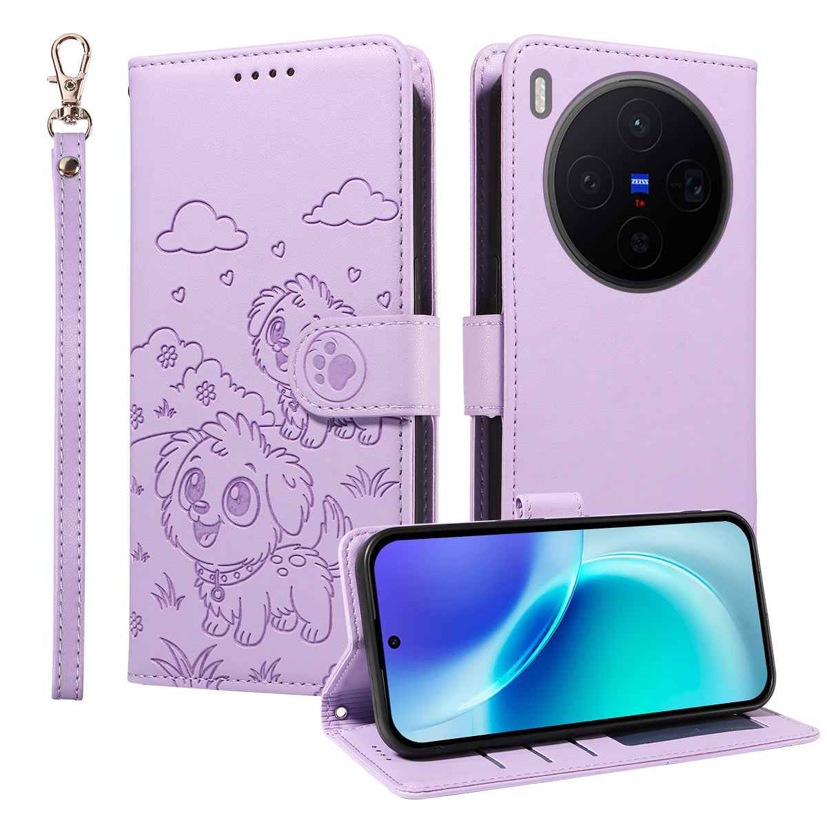 For vivo X300 5G Case RFID Blocking Imprinted Dog Pattern PU Leather Phone Cover with Wrist Strap - Purple