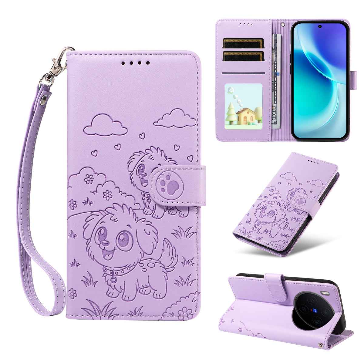 For vivo X300 5G Case RFID Blocking Imprinted Dog Pattern PU Leather Phone Cover with Wrist Strap - Purple