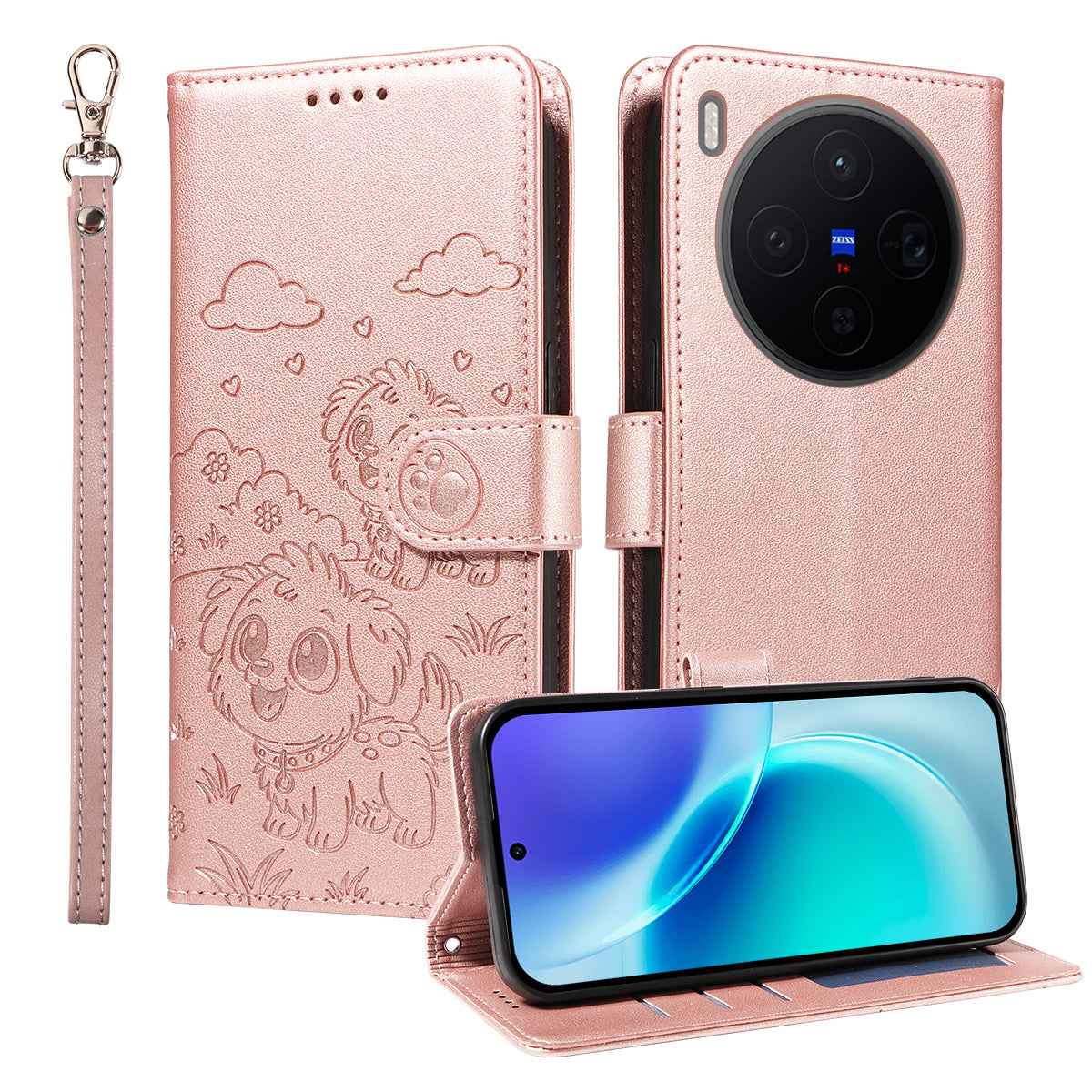 For vivo X300 5G Case RFID Blocking Imprinted Dog Pattern PU Leather Phone Cover with Wrist Strap - Pink
