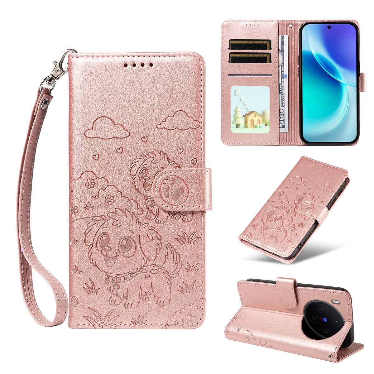 For vivo X300 5G Case RFID Blocking Imprinted Dog Pattern PU Leather Phone Cover with Wrist Strap - Pink