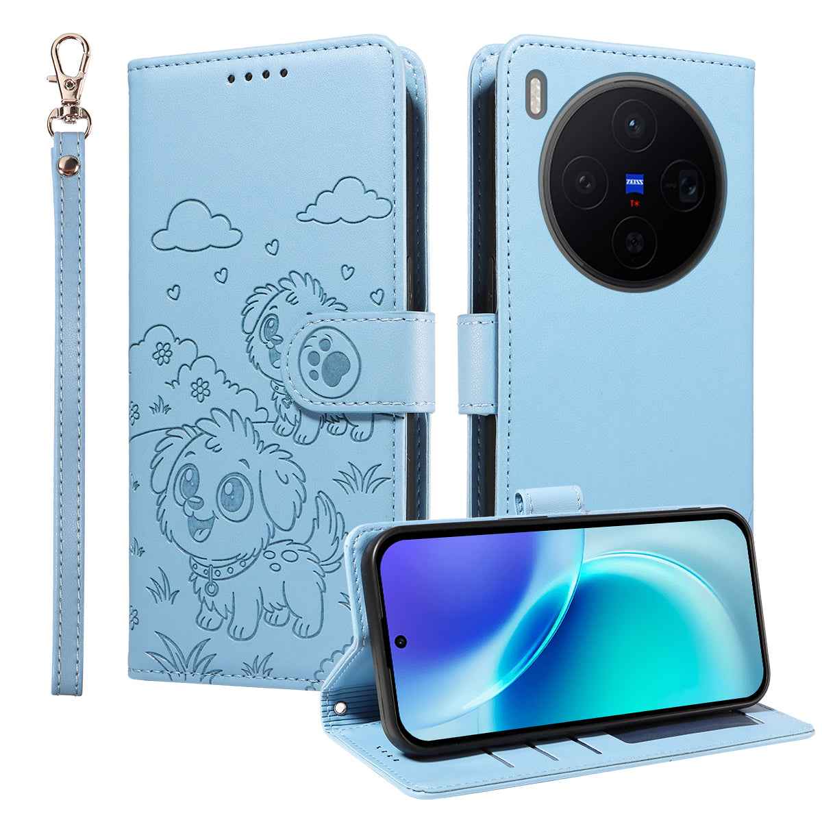 For vivo X300 5G Case RFID Blocking Imprinted Dog Pattern PU Leather Phone Cover with Wrist Strap - Blue