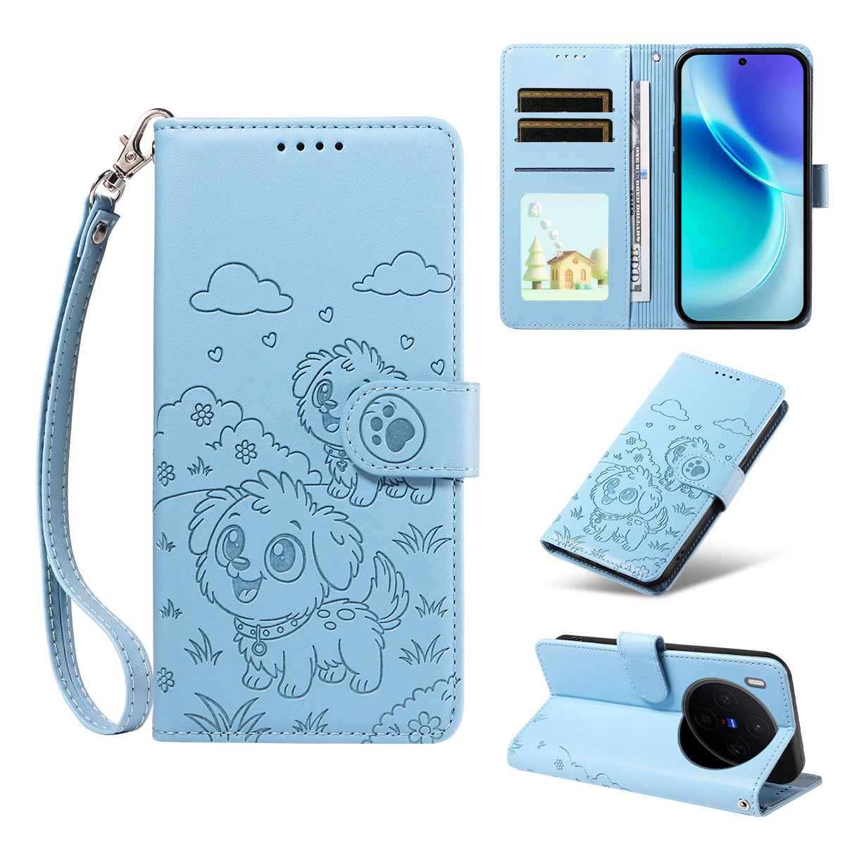 For vivo X300 5G Case RFID Blocking Imprinted Dog Pattern PU Leather Phone Cover with Wrist Strap - Blue