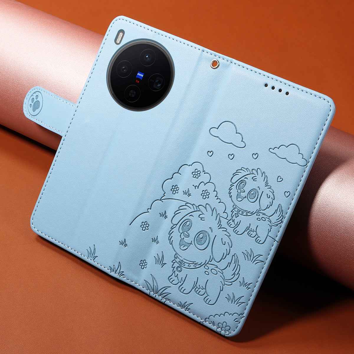 For vivo X300 5G Case RFID Blocking Imprinted Dog Pattern PU Leather Phone Cover with Wrist Strap - Blue