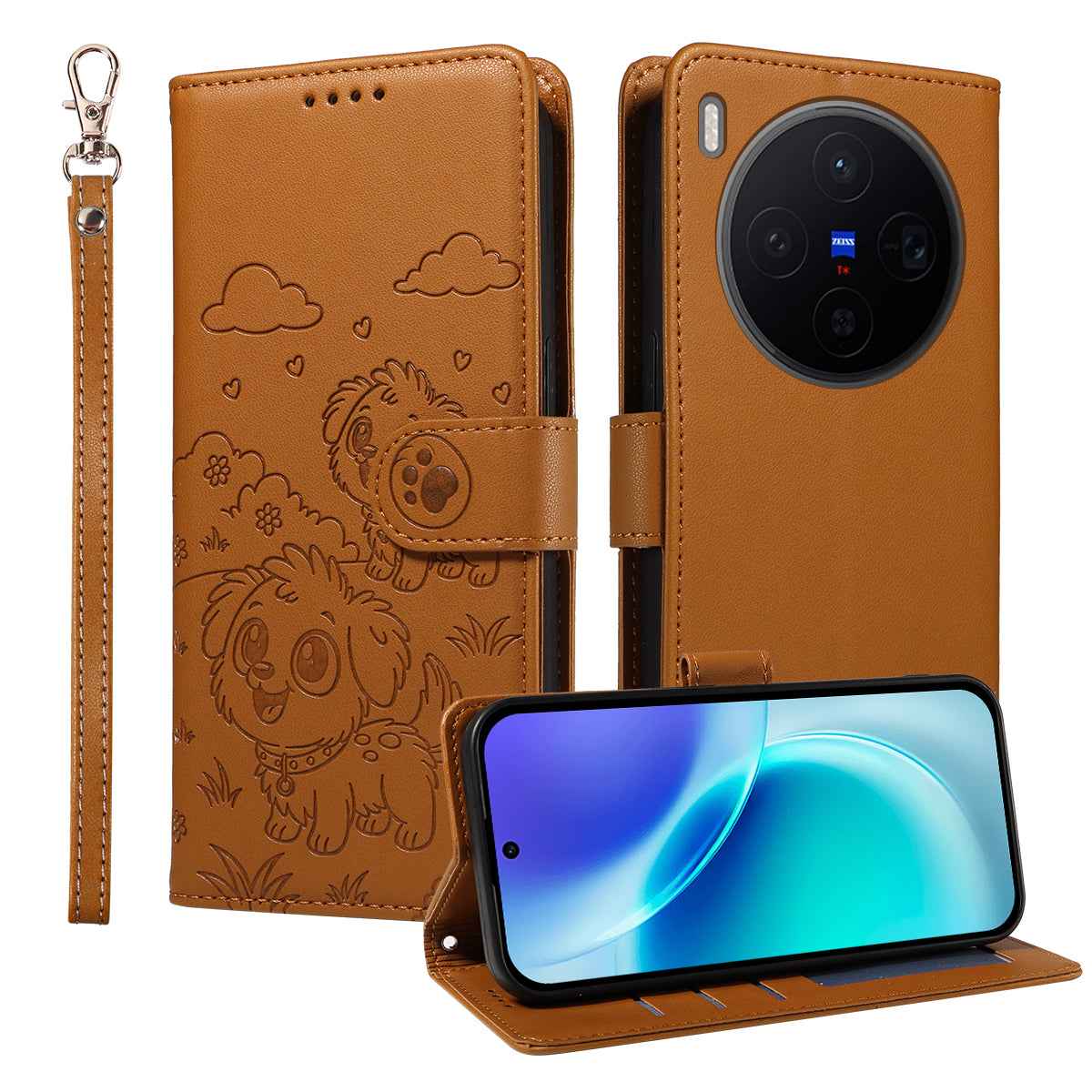 For vivo X300 5G Case RFID Blocking Imprinted Dog Pattern PU Leather Phone Cover with Wrist Strap - Brown