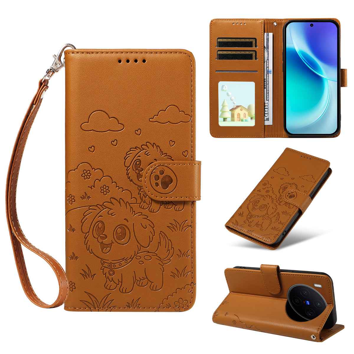 For vivo X300 5G Case RFID Blocking Imprinted Dog Pattern PU Leather Phone Cover with Wrist Strap - Brown