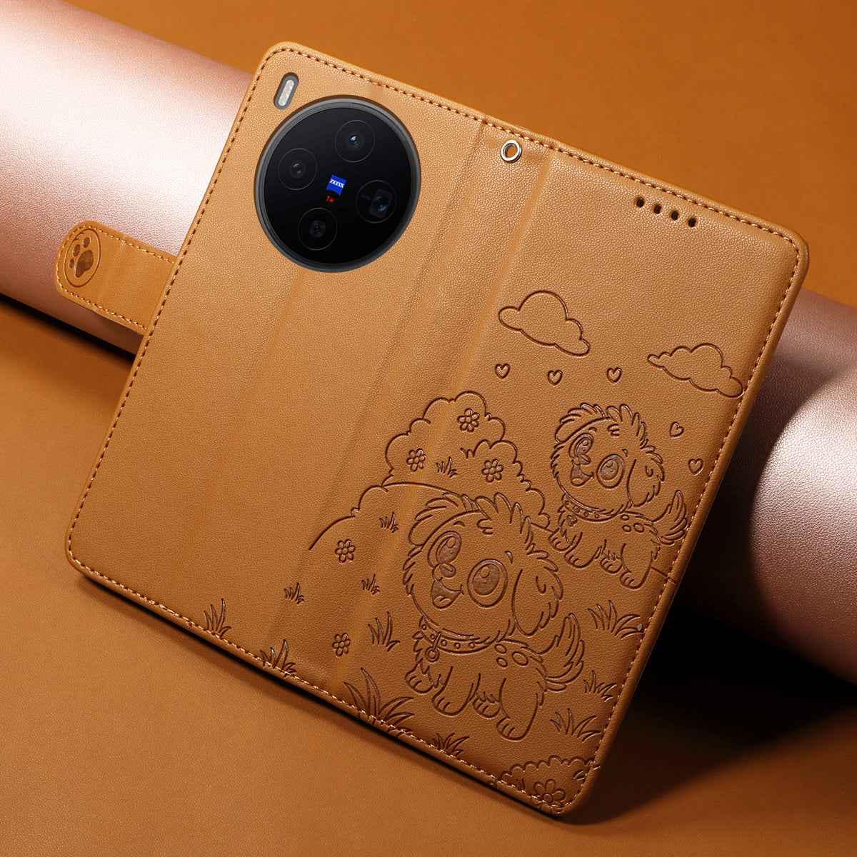 For vivo X300 5G Case RFID Blocking Imprinted Dog Pattern PU Leather Phone Cover with Wrist Strap - Brown
