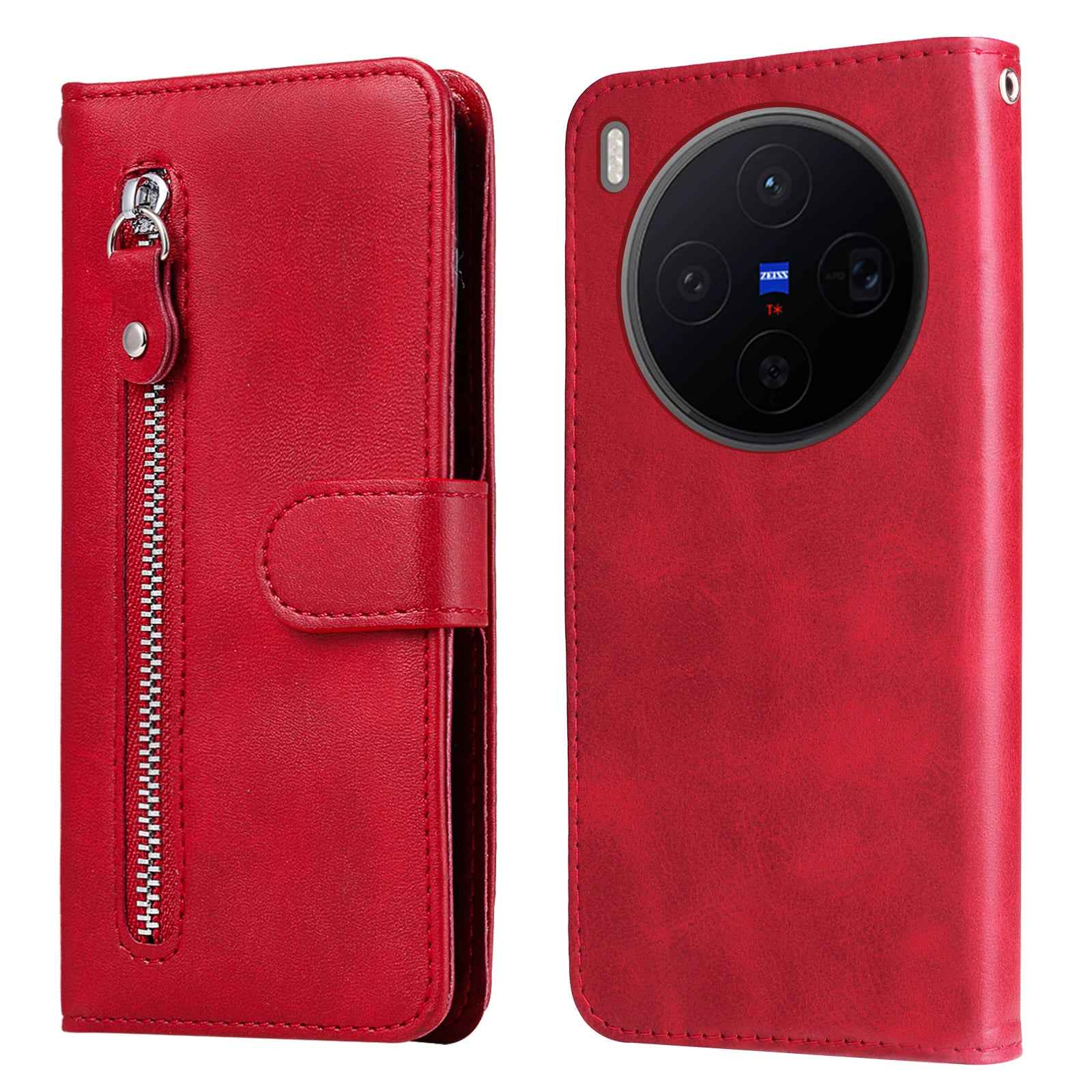 For vivo X300 5G PU Leather Cases with Zipper Pocket Wallet Phone Cover Stand - Red
