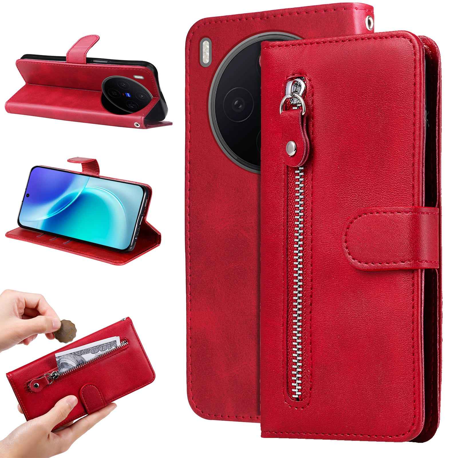 For vivo X300 5G PU Leather Cases with Zipper Pocket Wallet Phone Cover Stand - Red