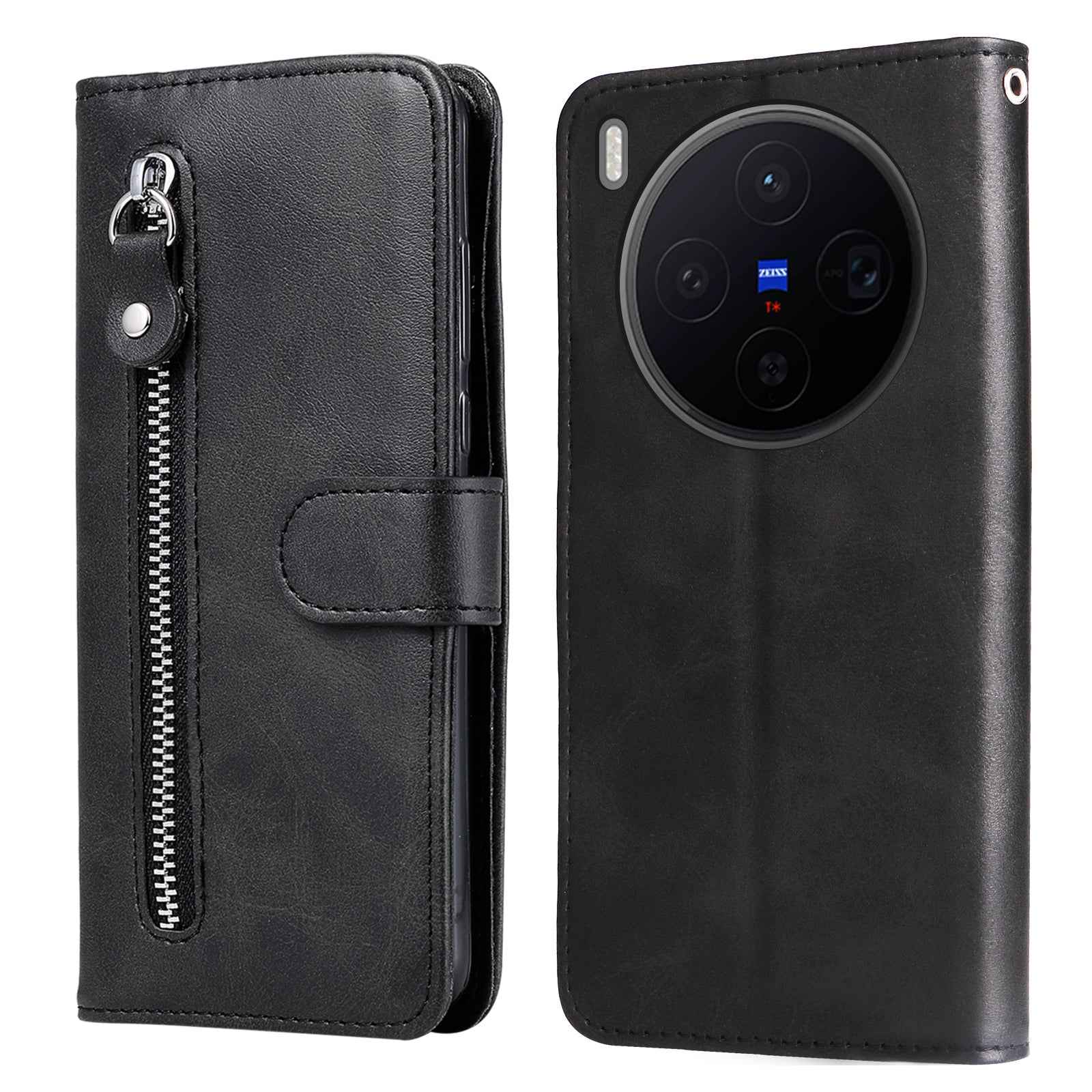 For vivo X300 5G PU Leather Cases with Zipper Pocket Wallet Phone Cover Stand - Black