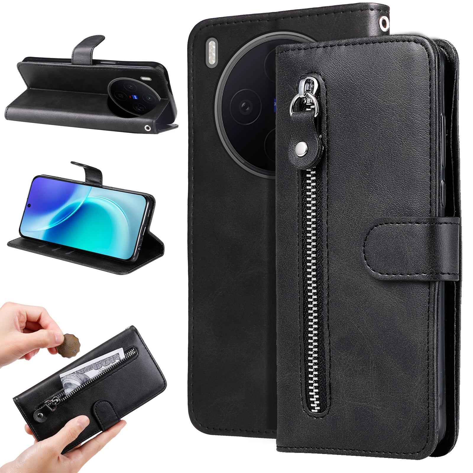 For vivo X300 5G PU Leather Cases with Zipper Pocket Wallet Phone Cover Stand - Black