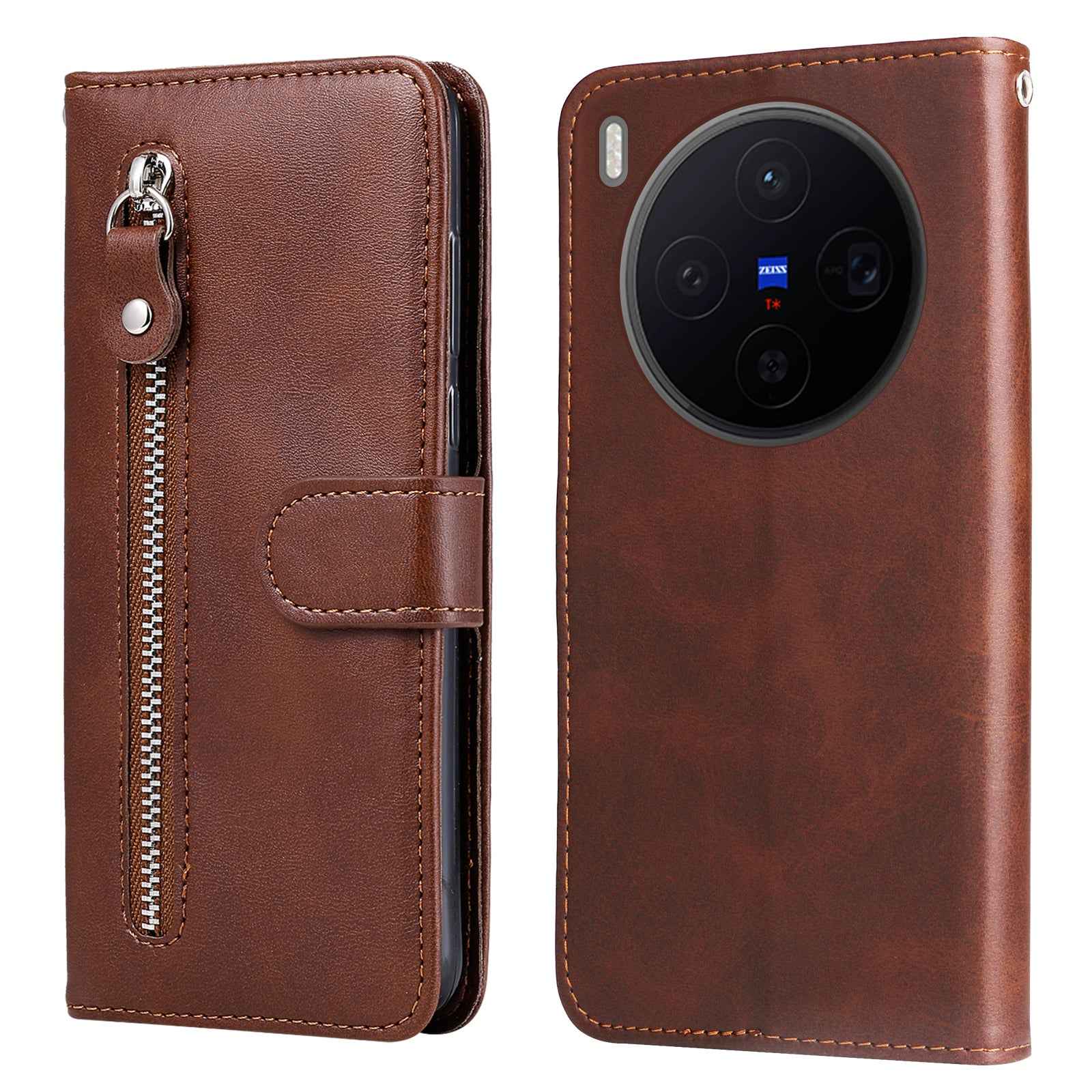 For vivo X300 5G PU Leather Cases with Zipper Pocket Wallet Phone Cover Stand - Brown
