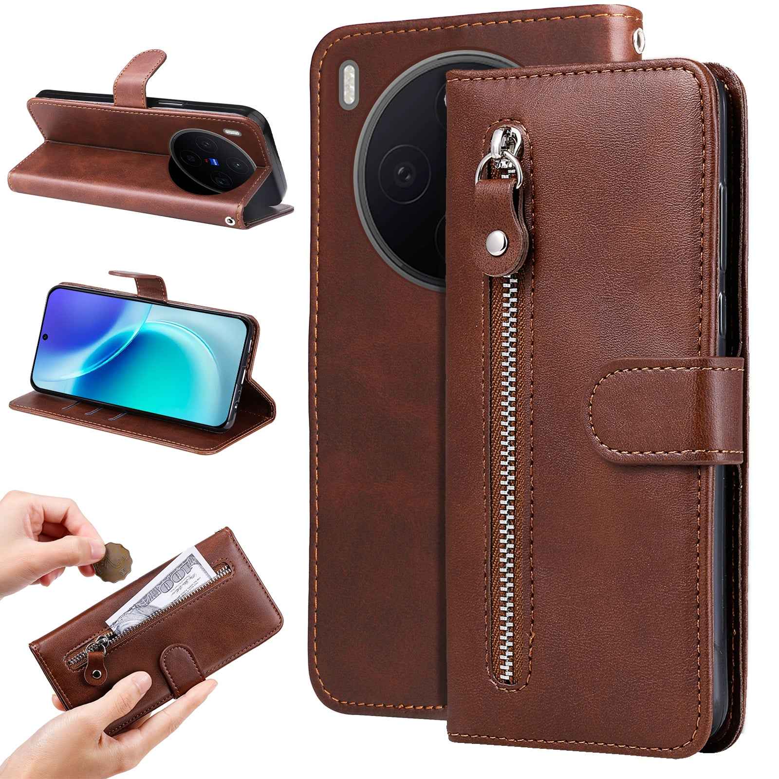 For vivo X300 5G PU Leather Cases with Zipper Pocket Wallet Phone Cover Stand - Brown