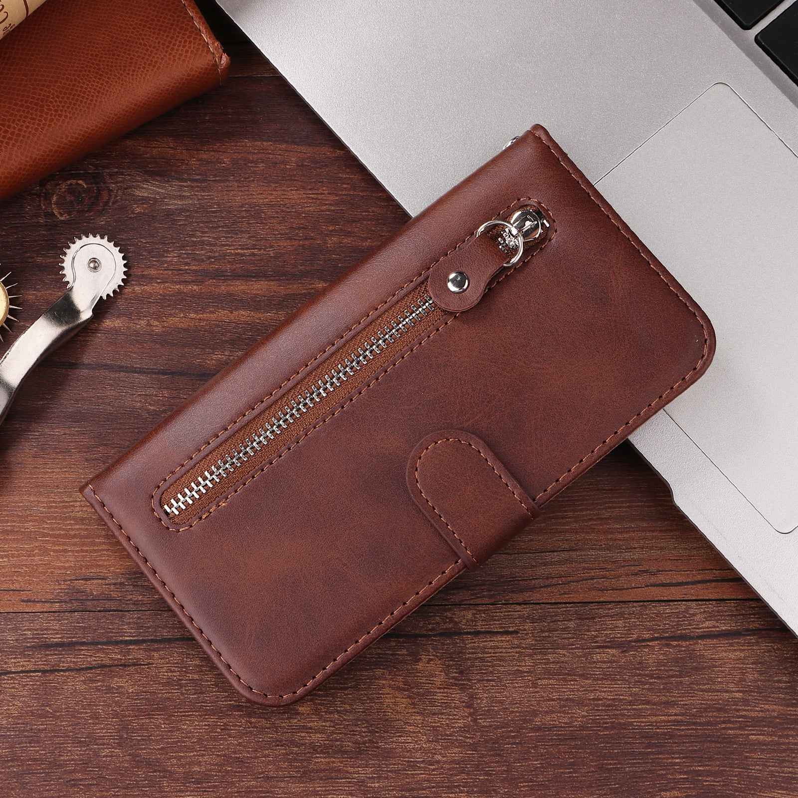 For vivo X300 5G PU Leather Cases with Zipper Pocket Wallet Phone Cover Stand - Brown